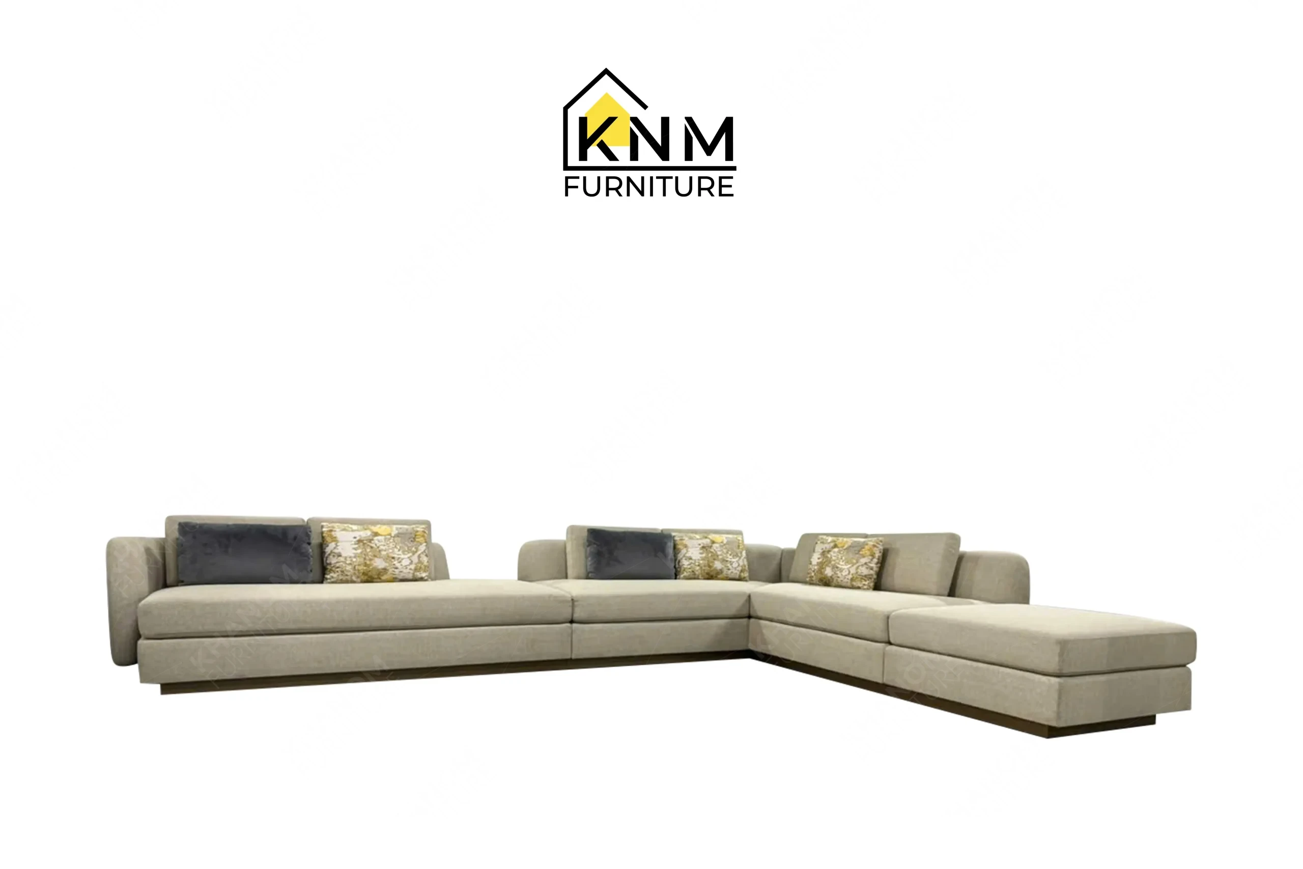 A perspective view illustrating the corner module and deep seating of the modular Erica Shamrock sectional sofa produced by Khanom Furniture.