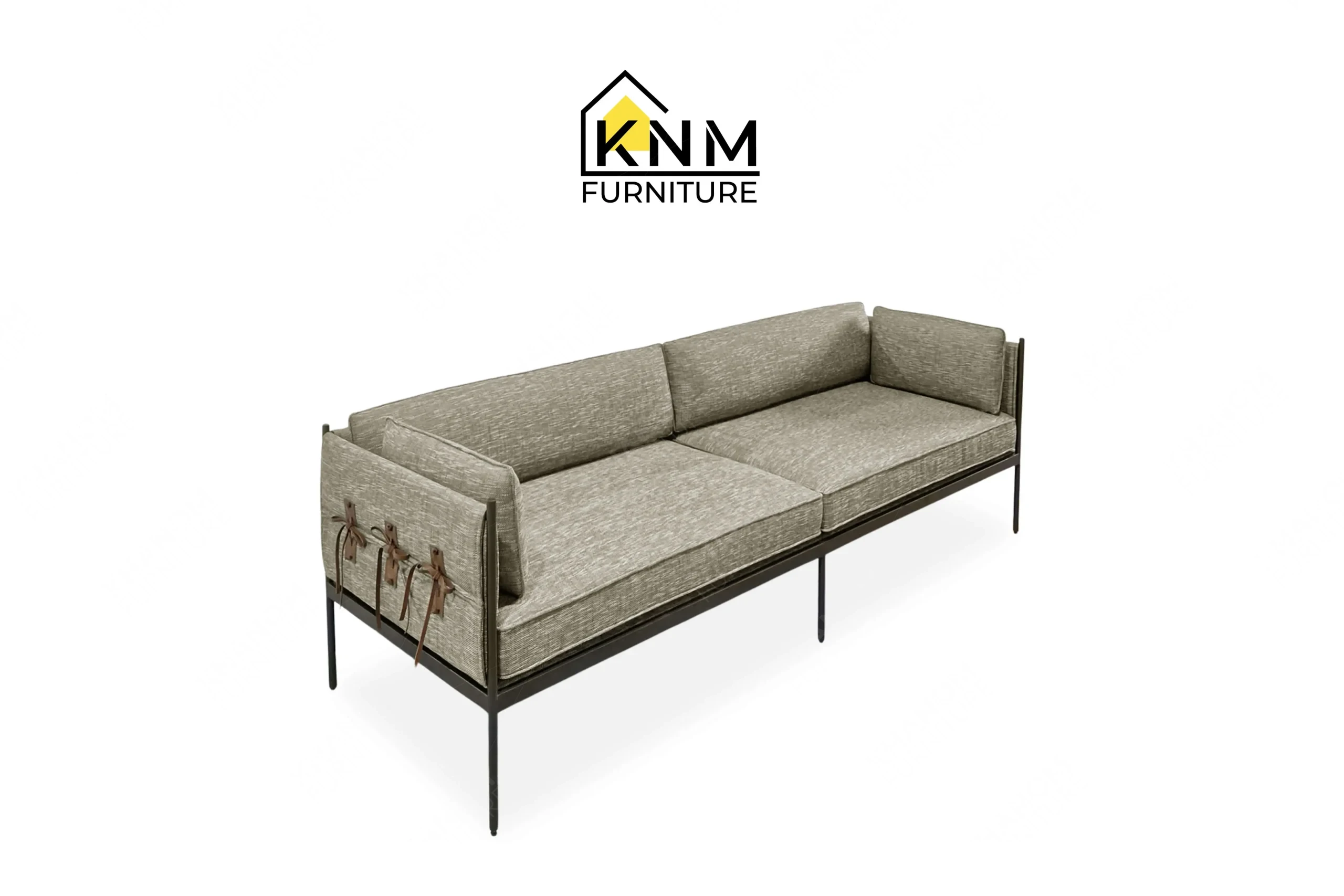 A perspective view illustrating the metal frame and Architex upholstery of the powder-coated steel lounge sofa produced by Khanom Furniture.