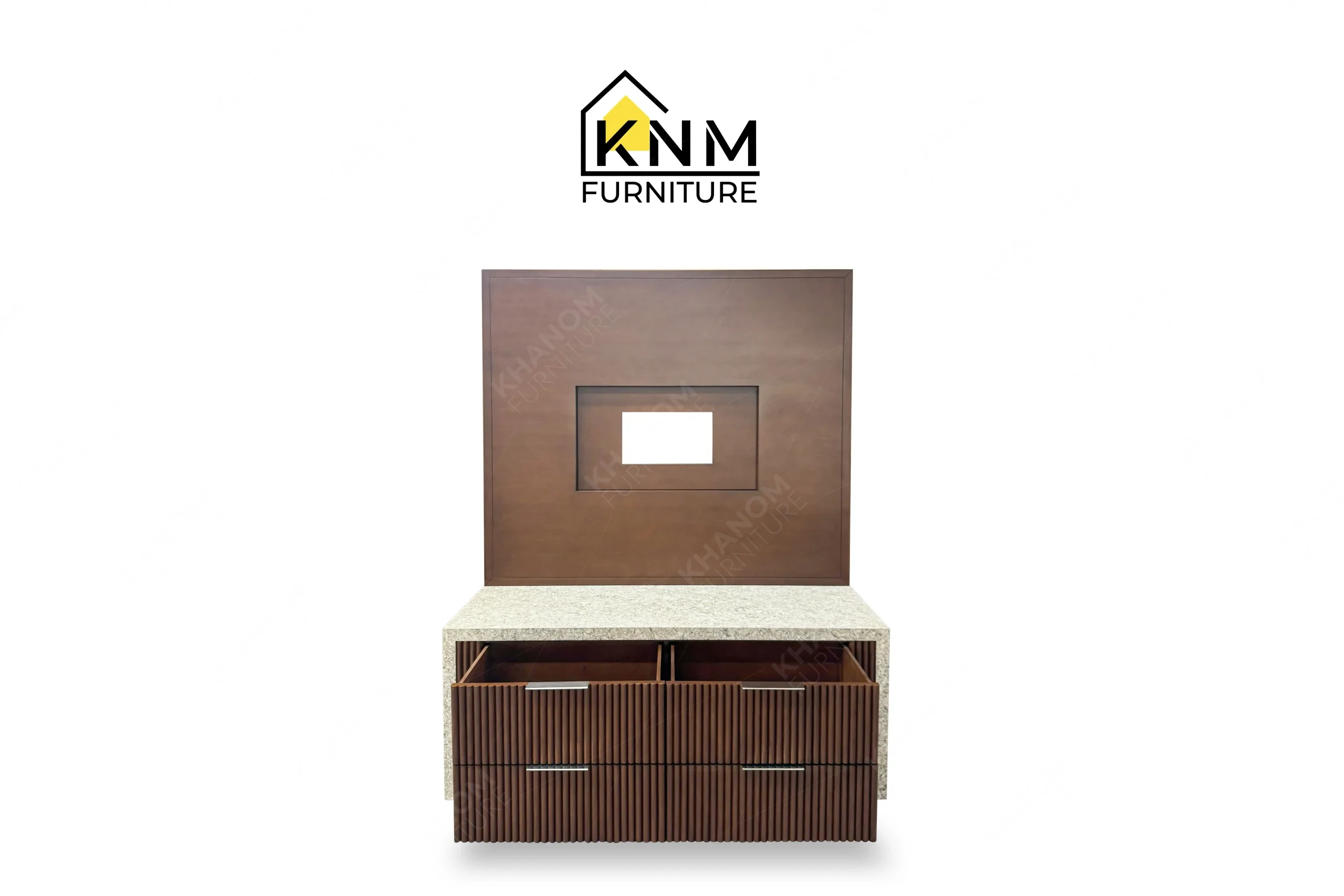 This open front view displays the quartz top tambour media dresser manufactured by Khanom Furniture, highlighting the ribbed wood facade and stone surface.