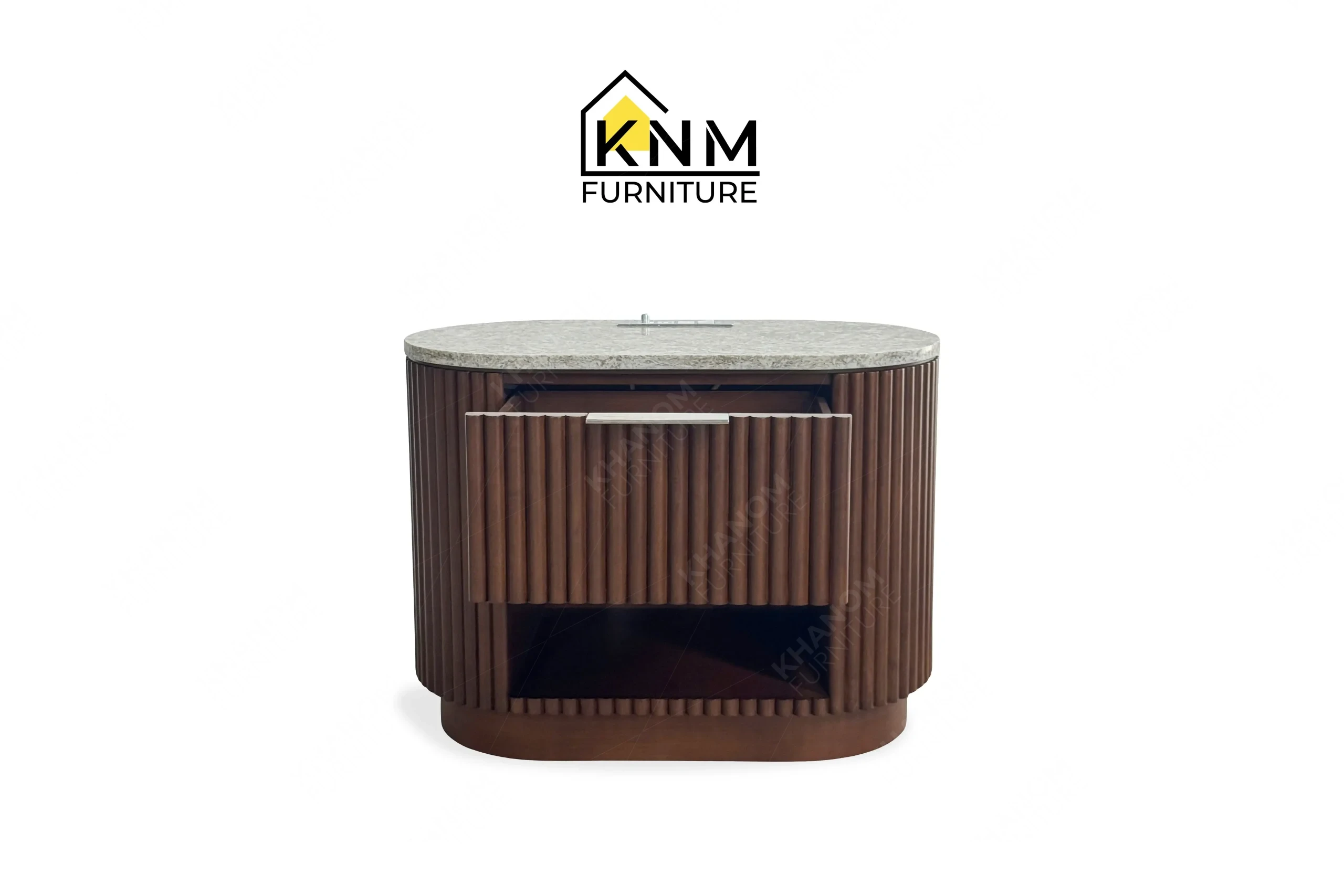 This opened front view displays the quartz top tambour queen nightstand manufactured by Khanom Furniture, highlighting the curved ribbed wood and open drawer.