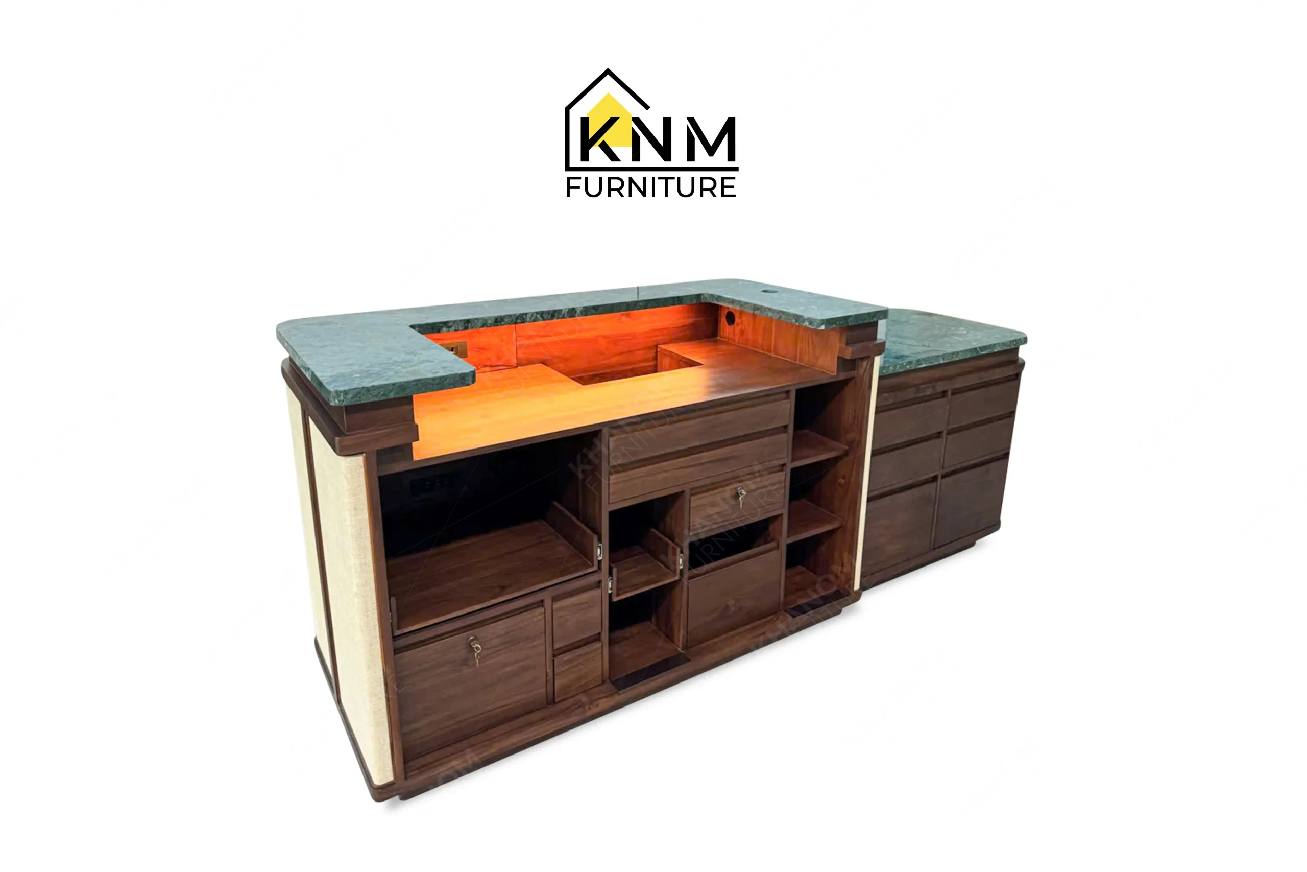 A perspective view illustrating the ADA height transition and stone surfaces of the stone top solid wood reception desk produced by Khanom Furniture.
