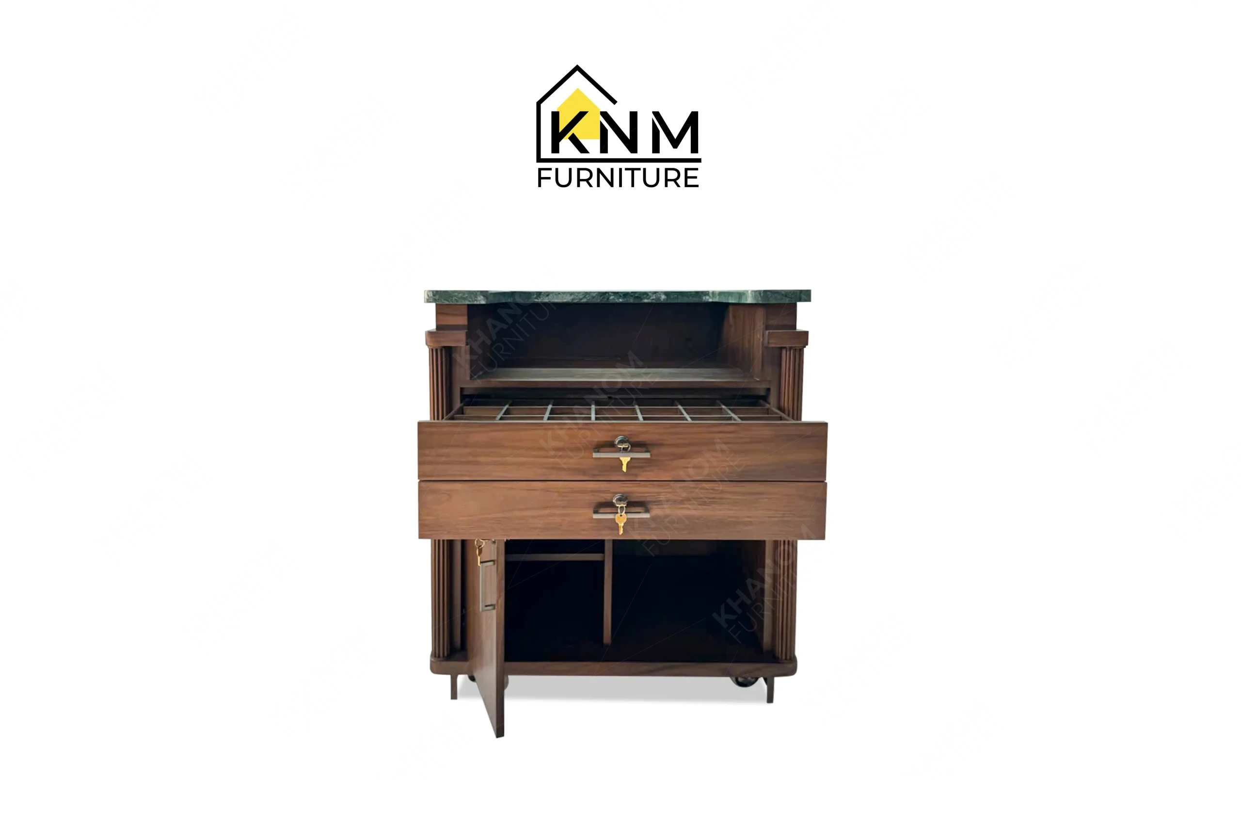 The front open view of the stone top teak valet bell desk by Khanom Furniture reveals the internal grid divider and full-extension glides.