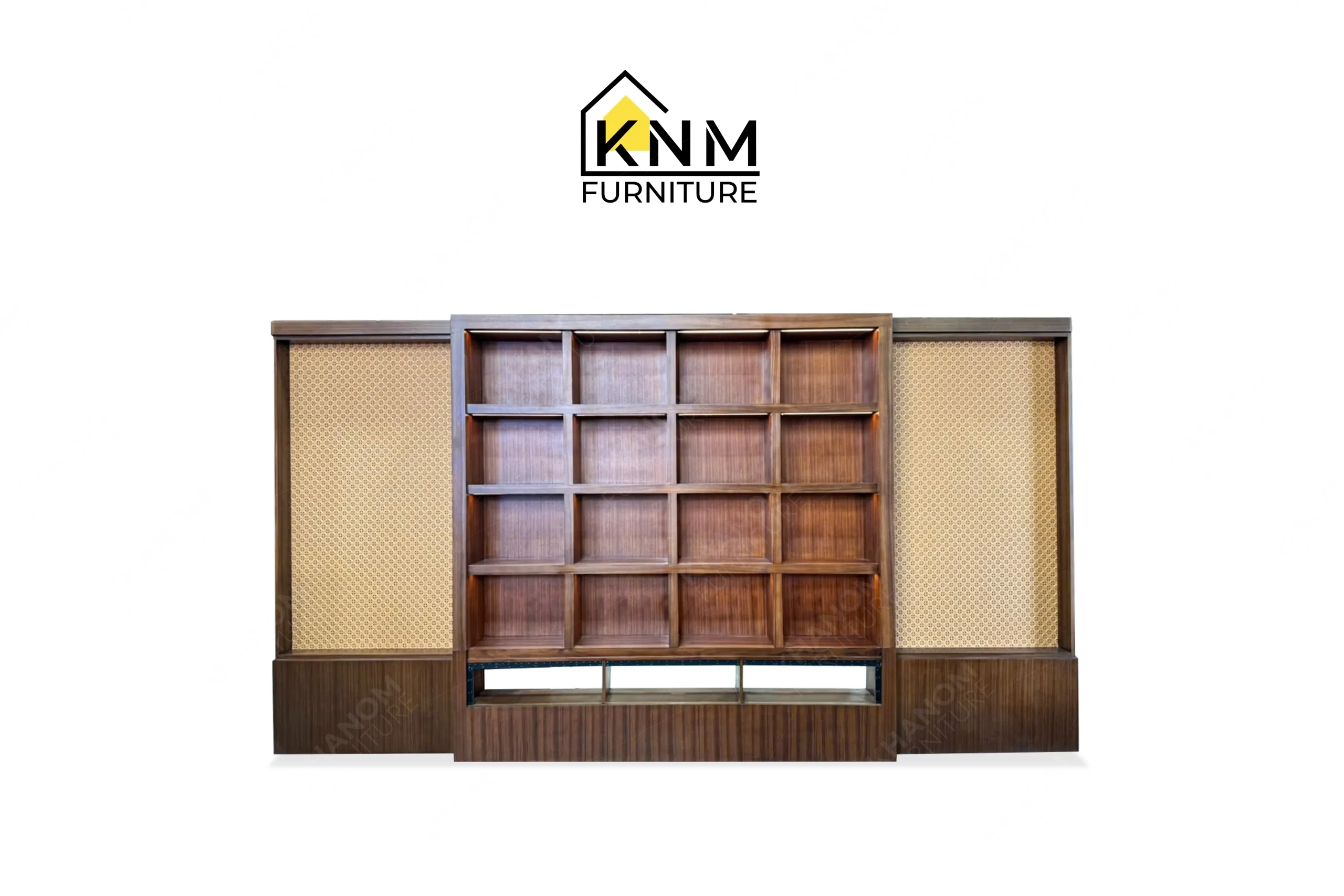 This open front view displays the teak veneer rattan display cabinet manufactured by Khanom Furniture, highlighting the 180-inch span and integrated LED lighting.