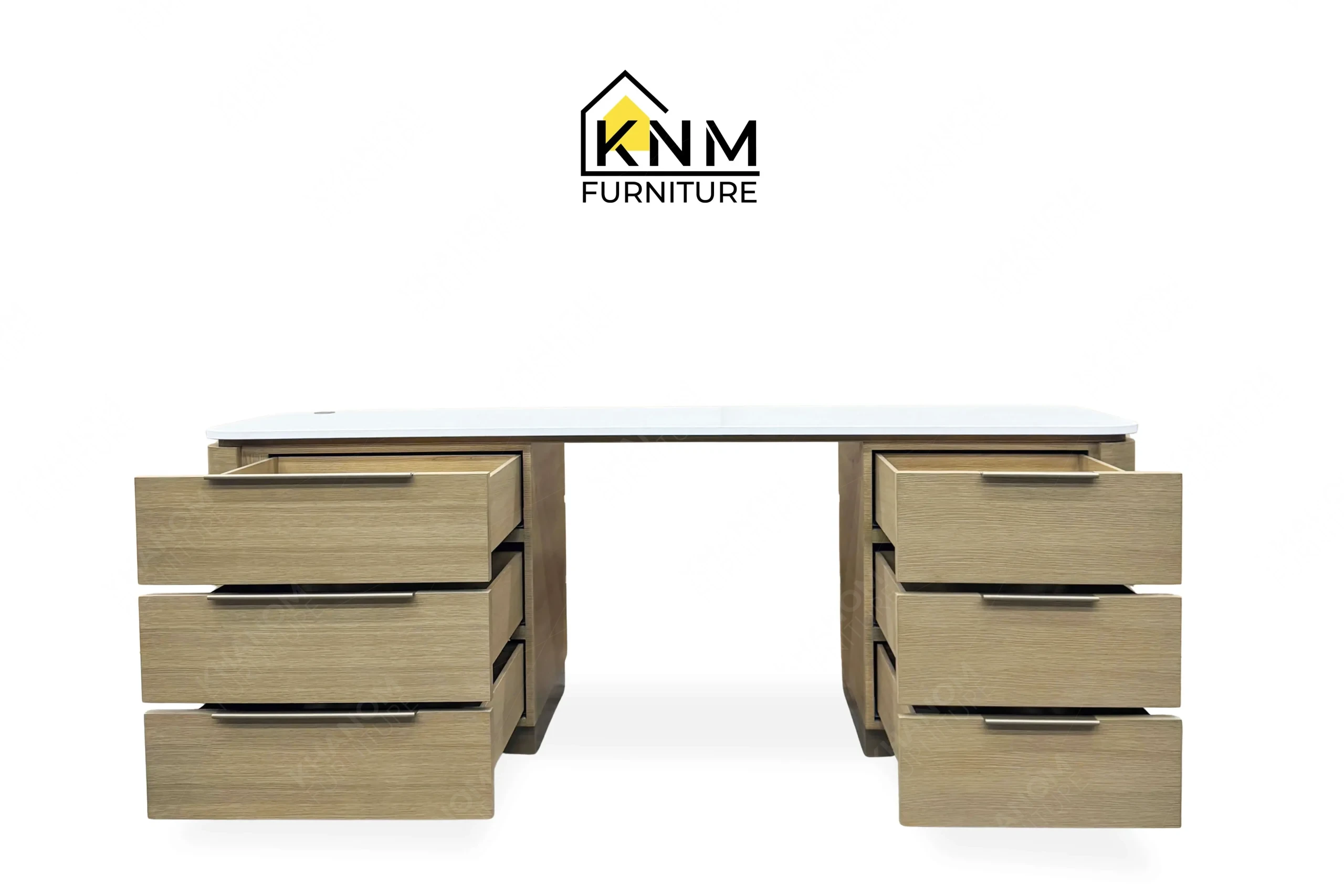 This front open view displays the Vicostone top white oak console desk manufactured by Khanom Furniture, highlighting the linear veneer grain and metal hardware.