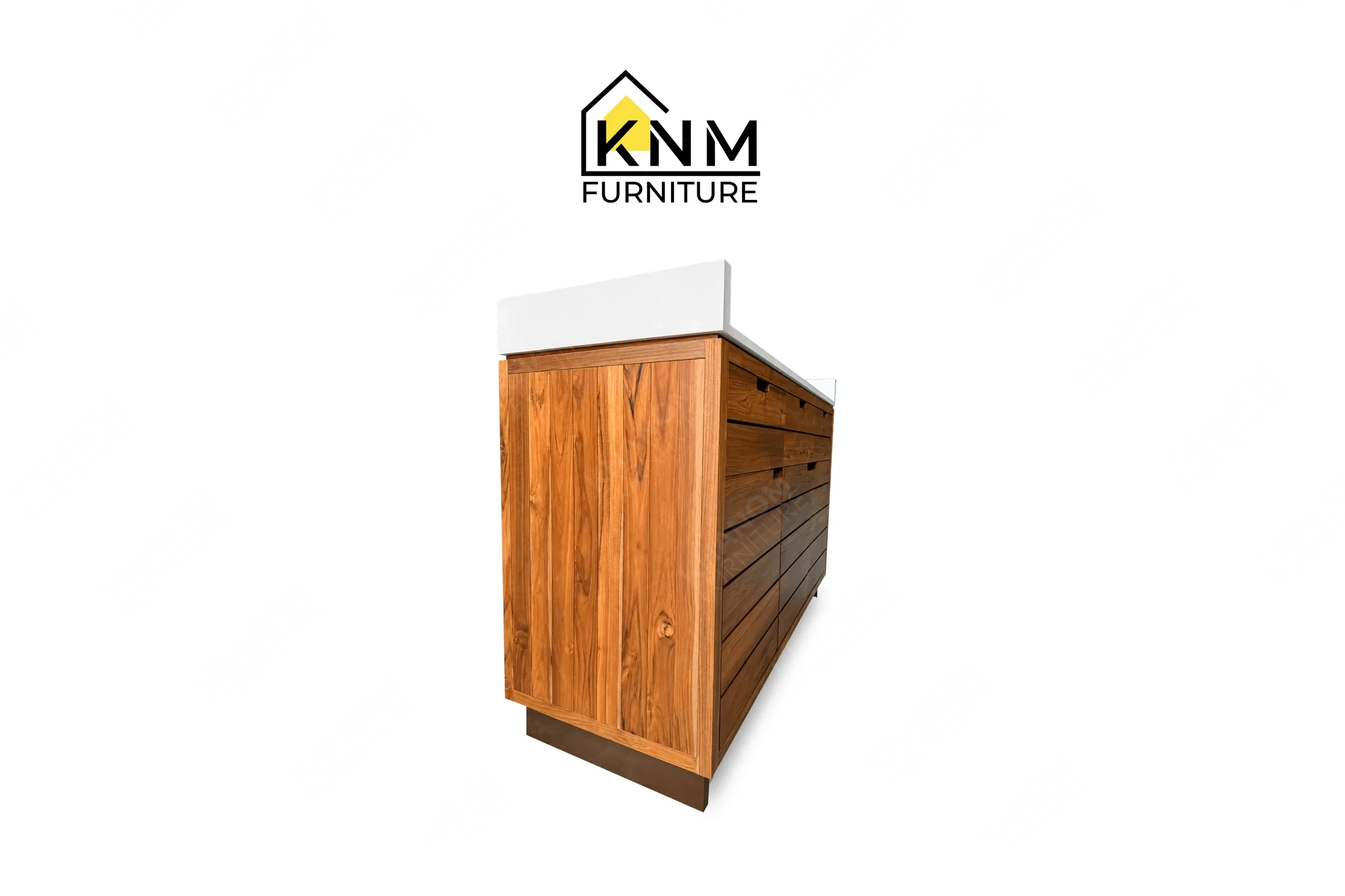 A perspective view illustrating the stone splashguard and slatted wood of the mobile stone top service station produced by Khanom Furniture.