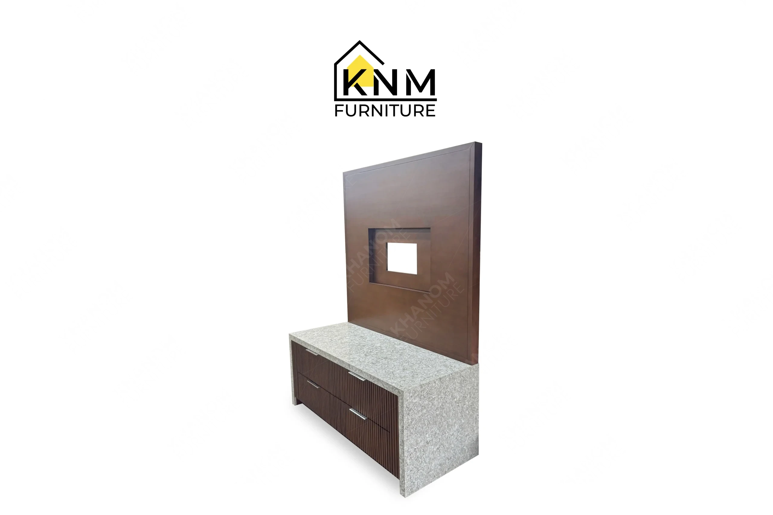 A perspective view illustrating the material integration of the quartz top tambour media dresser produced by Khanom Furniture.