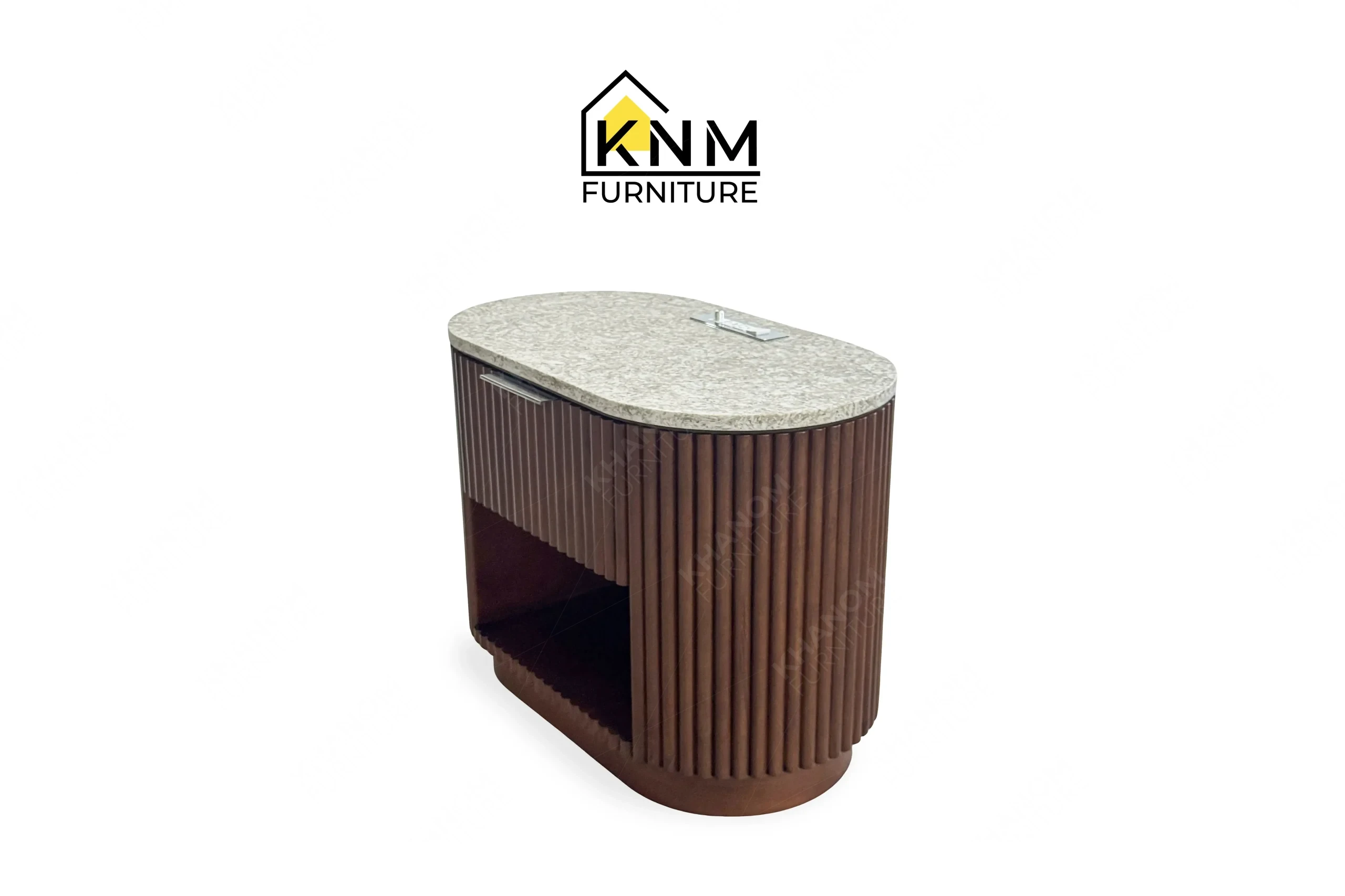 A perspective view illustrating the curved casework and stone integration of the quartz top tambour queen nightstand produced by Khanom Furniture.