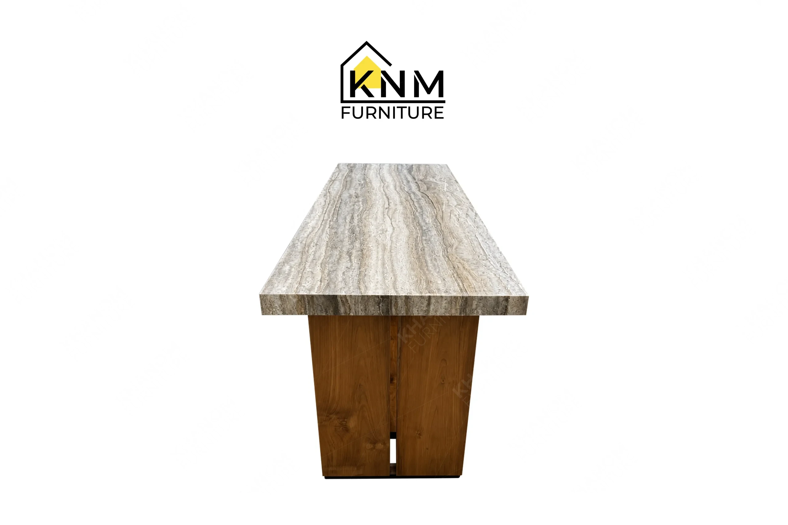 The side profile of the stone top solid wood communal table highlights the structural depth and split wood base specified by Khanom Furniture.