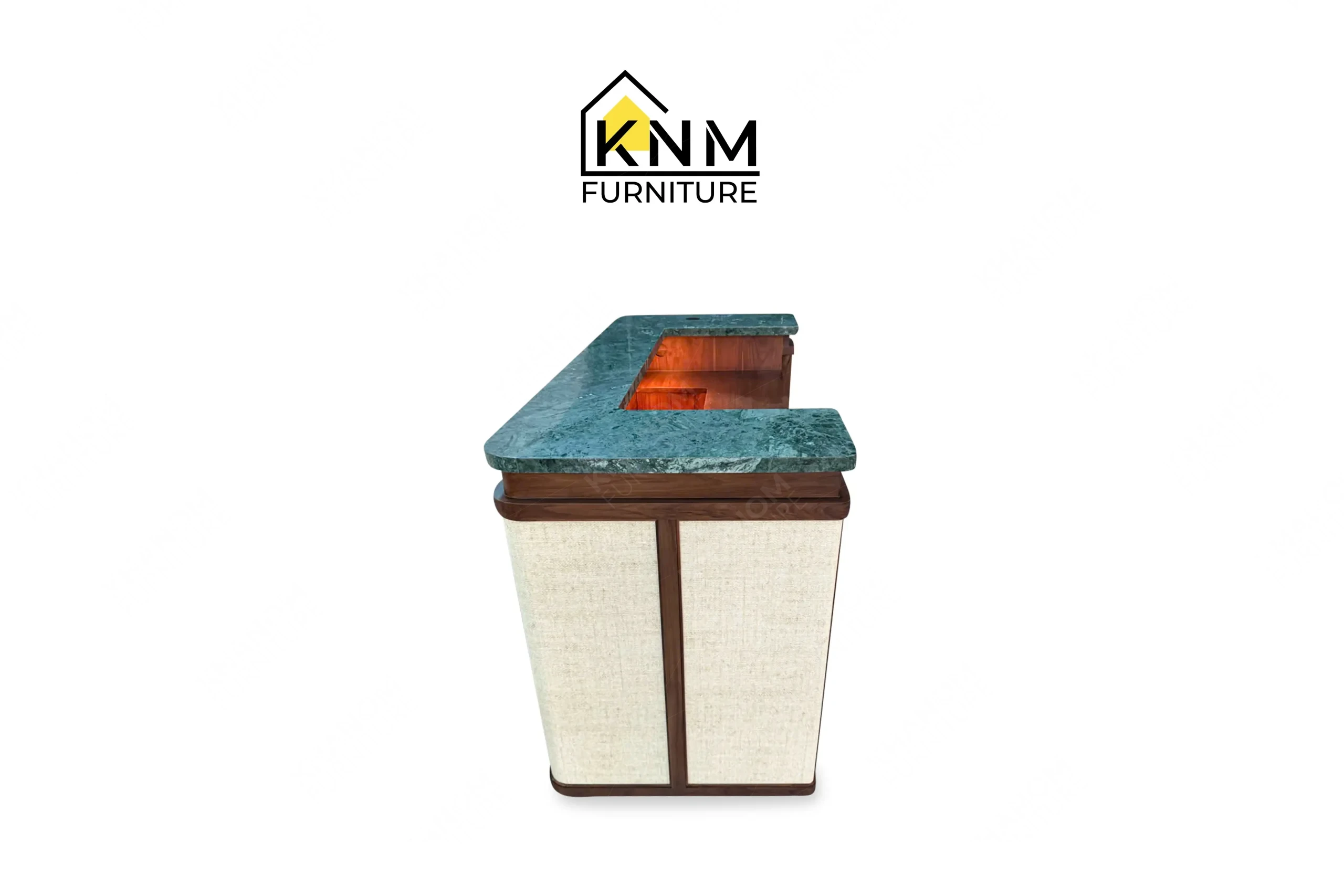 The side profile of the stone top solid wood reception desk highlights the structural depth and protective metal edge brackets specified by Khanom Furniture.