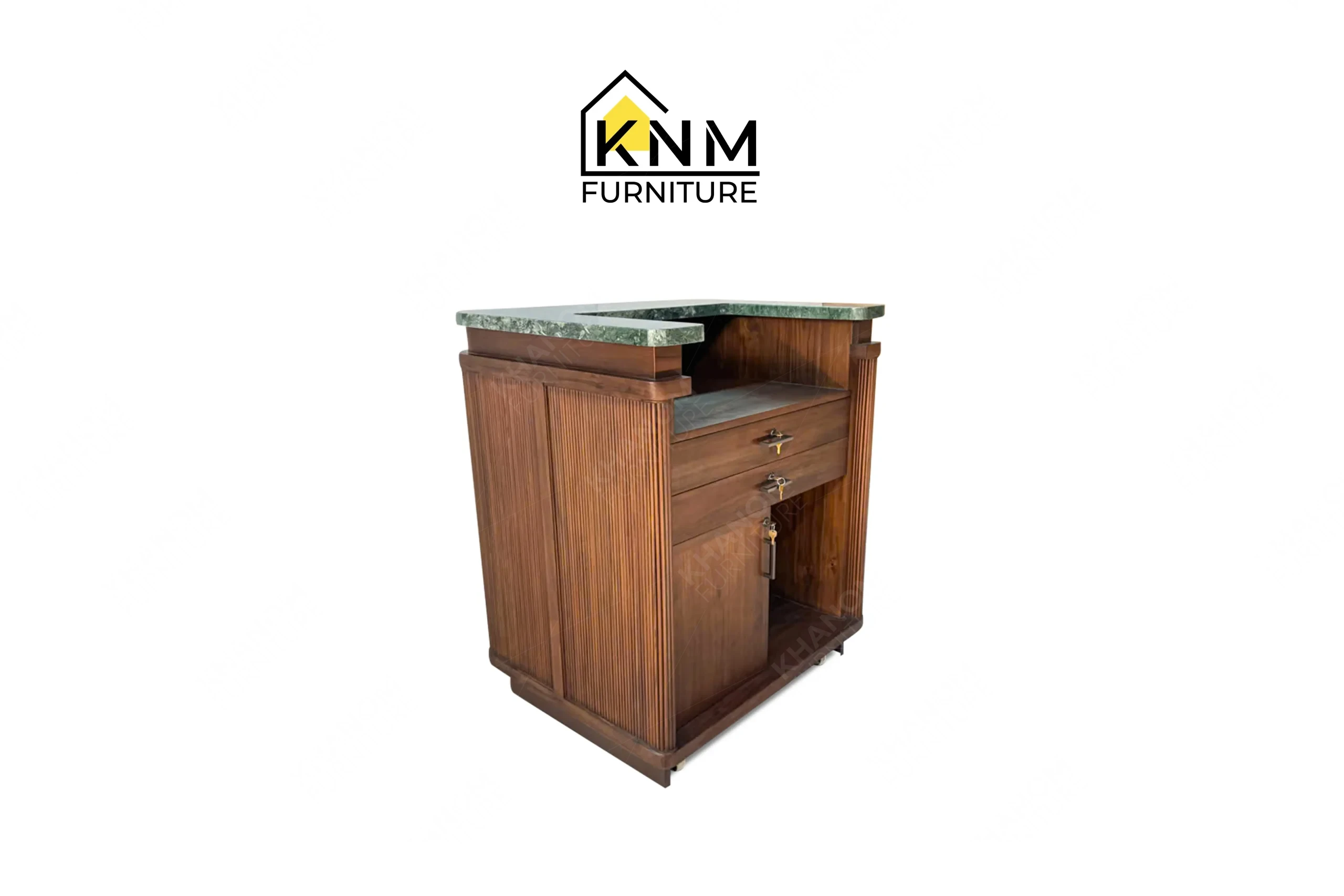 A perspective view illustrating the stone top and inset rattan poles of the stone top teak valet bell desk produced by Khanom Furniture.