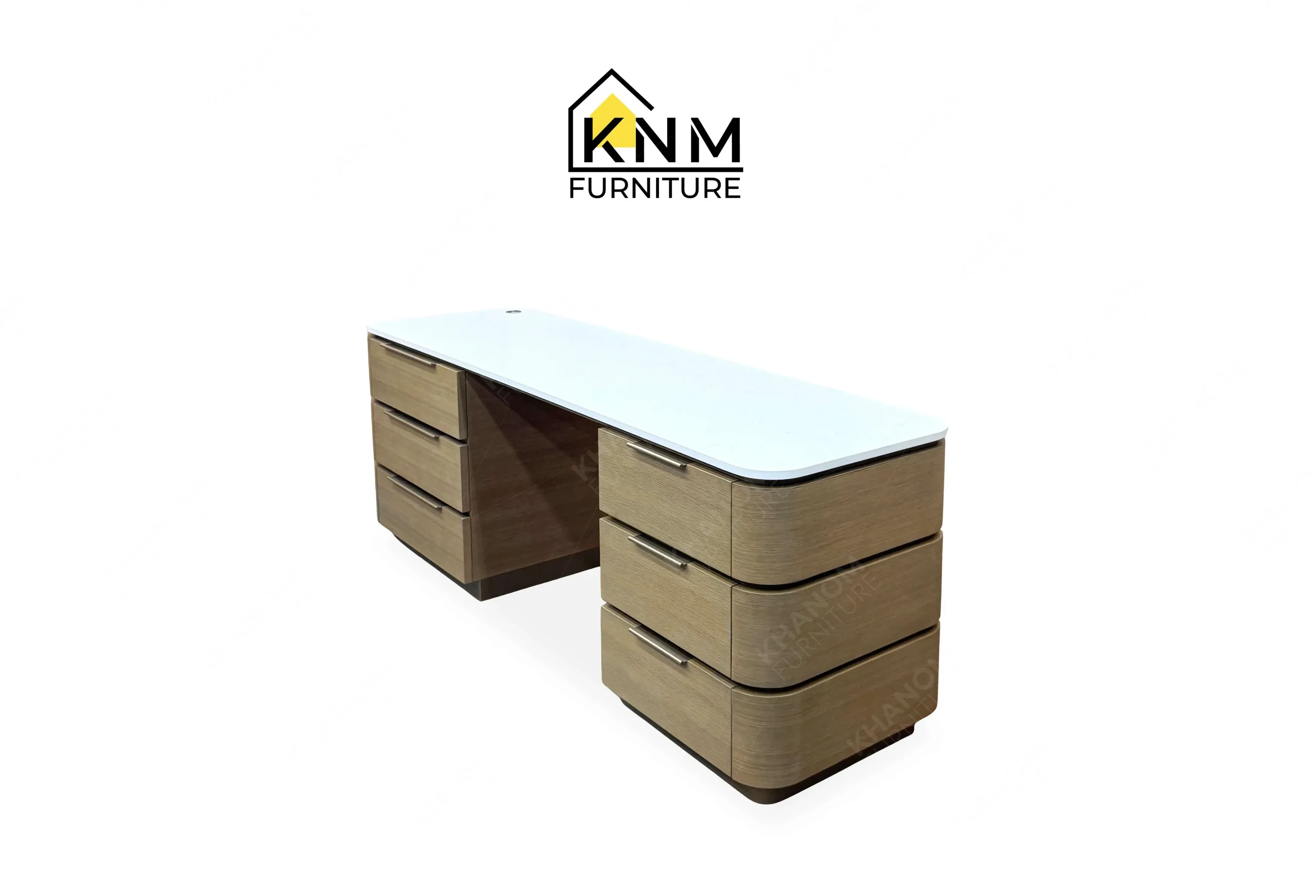 A perspective view illustrating the continuous quartz top and drawer alignment of the Vicostone top white oak console desk produced by Khanom Furniture.