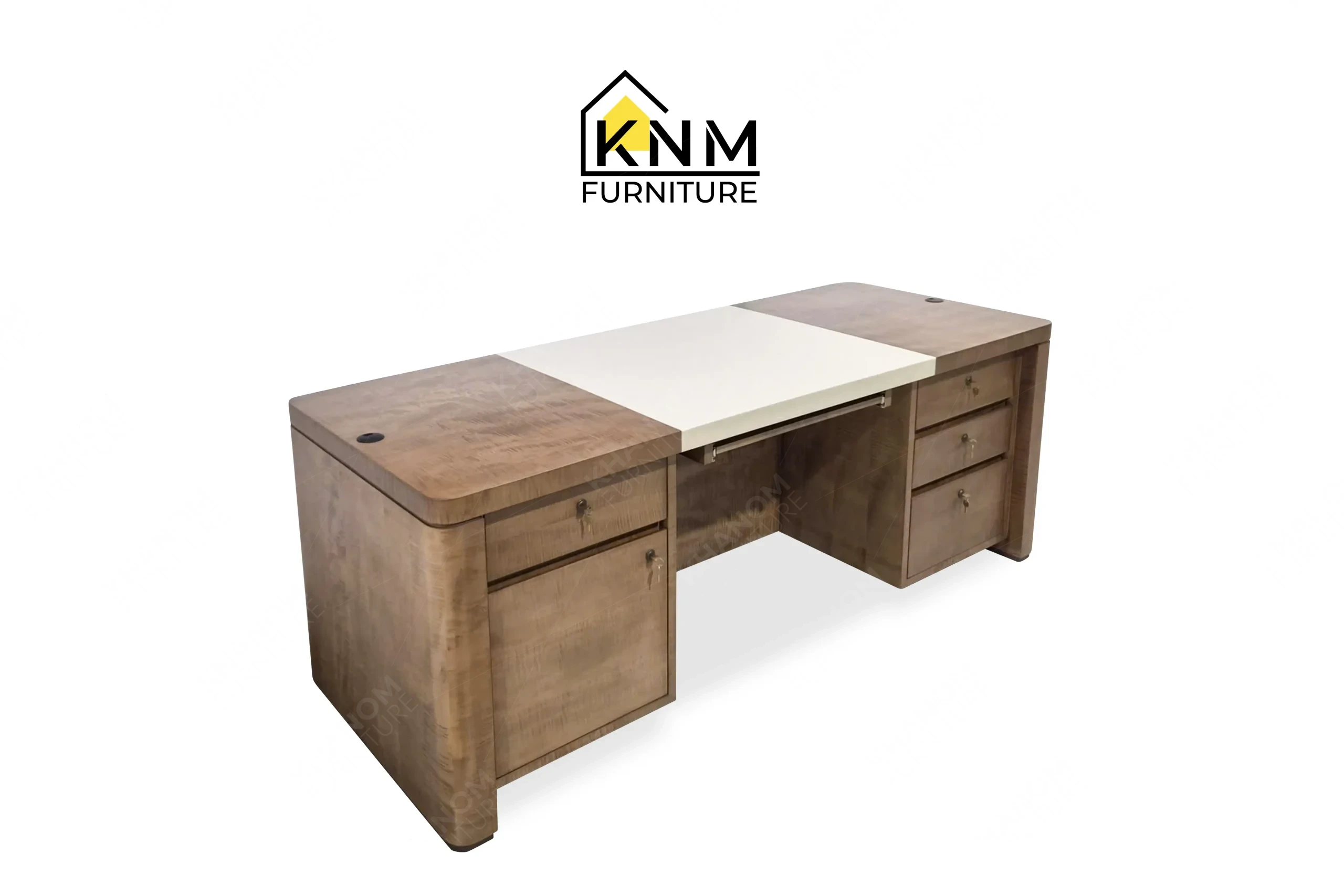 A left perspective view illustrating the dual pedestals and central inlay of the figured walnut lobby concierge desk produced by Khanom Furniture.