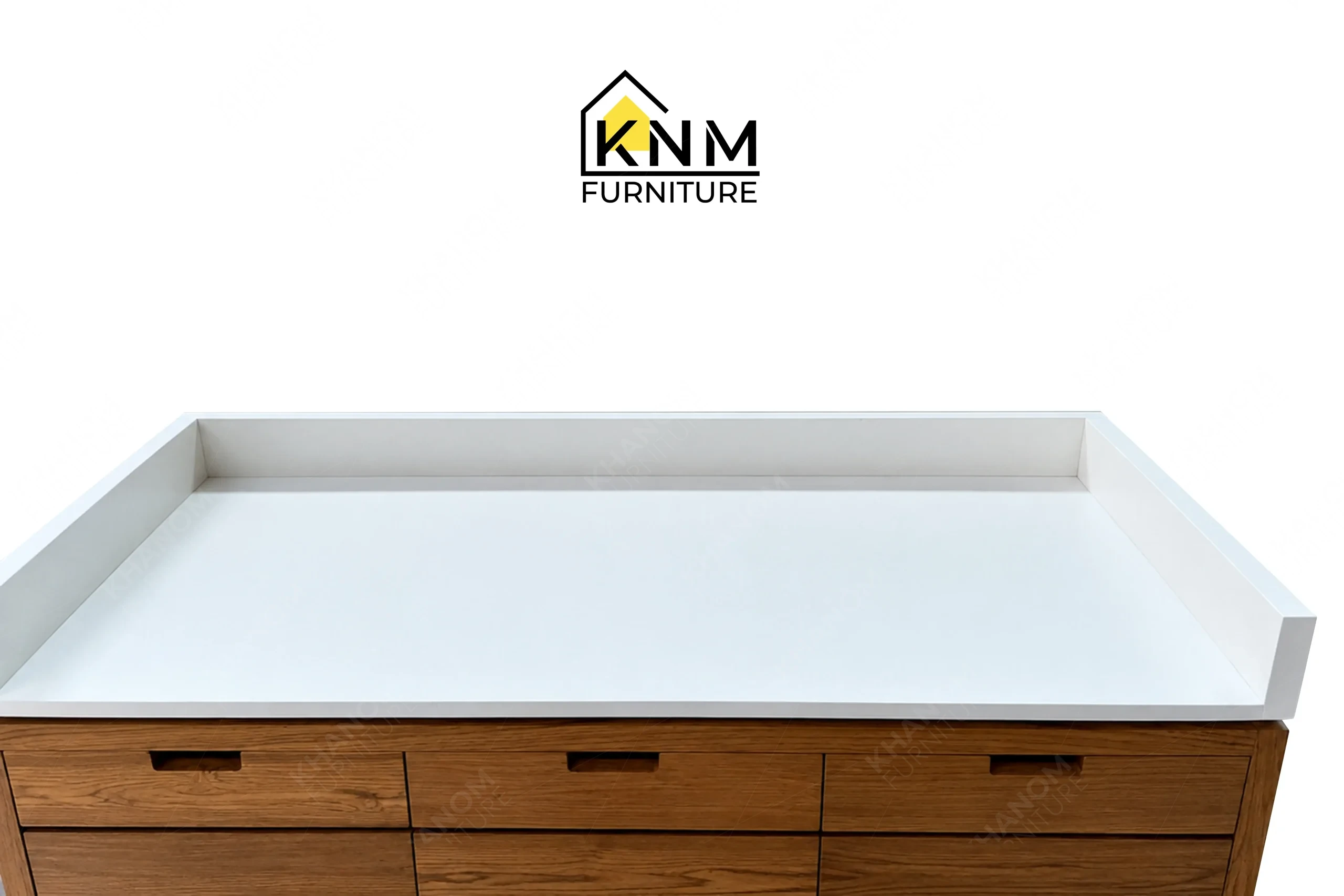 A detailed material zoom of the mobile stone top service station by Khanom Furniture, showing the stone surface adjacent to the wood frame.