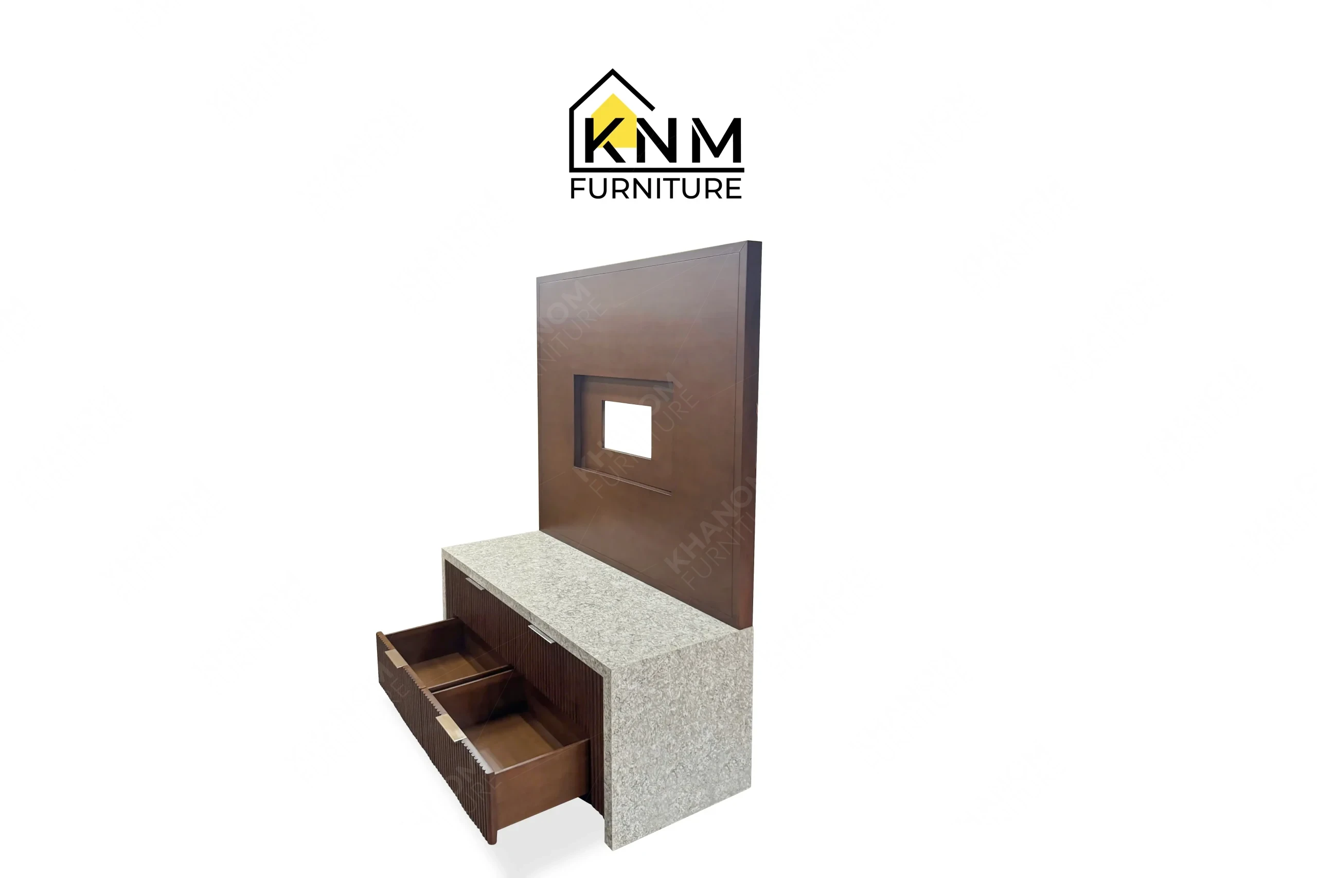 A open perspective view illustrating the material integration of the quartz top tambour media dresser produced by Khanom Furniture.