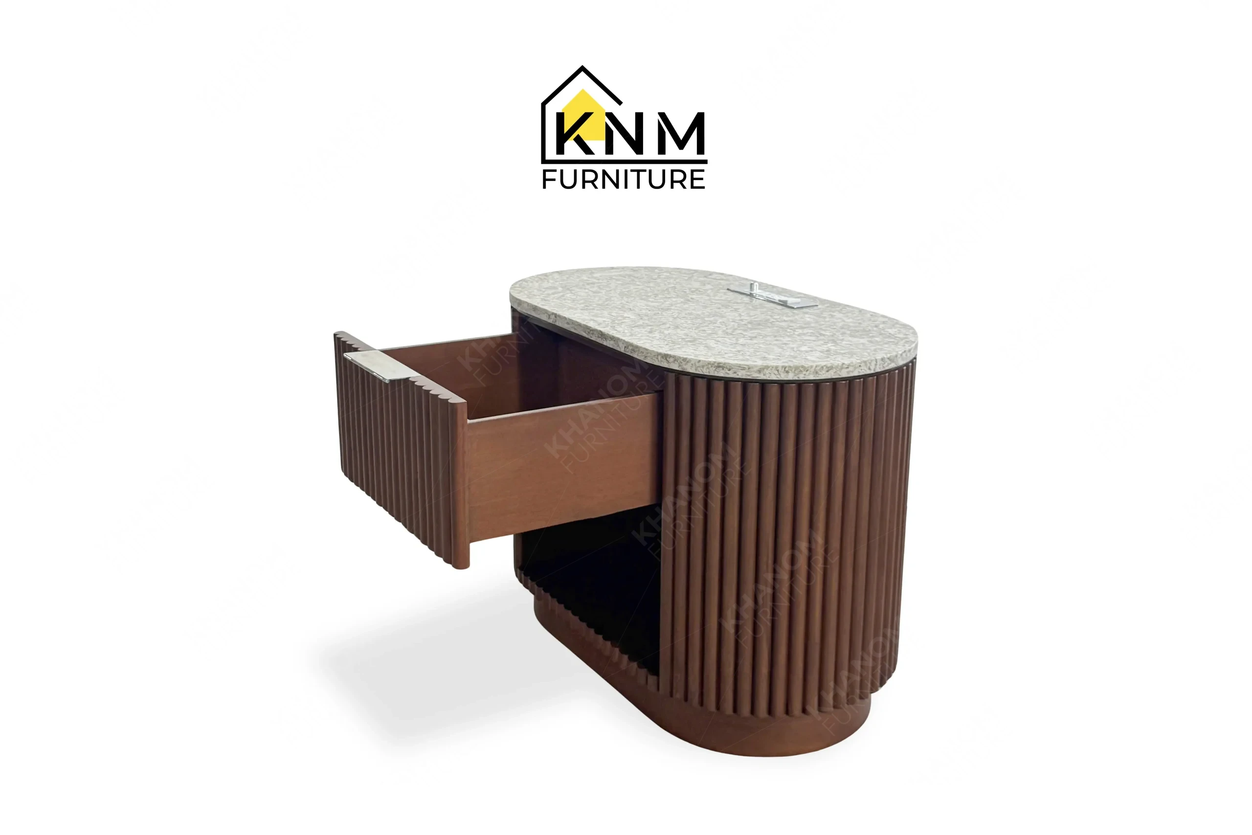 An opened perspective view illustrating the curved casework and stone integration of the quartz top tambour queen nightstand produced by Khanom Furniture.