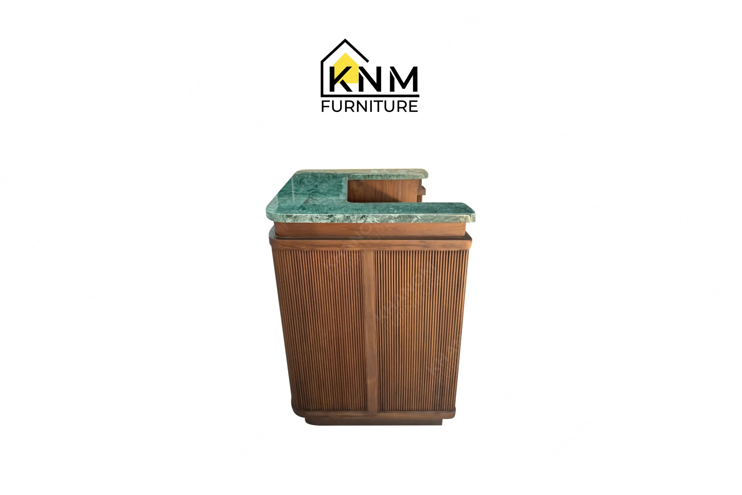 The side profile of the stone top teak valet bell desk highlights the structural depth and inset rattan poles specified by Khanom Furniture.