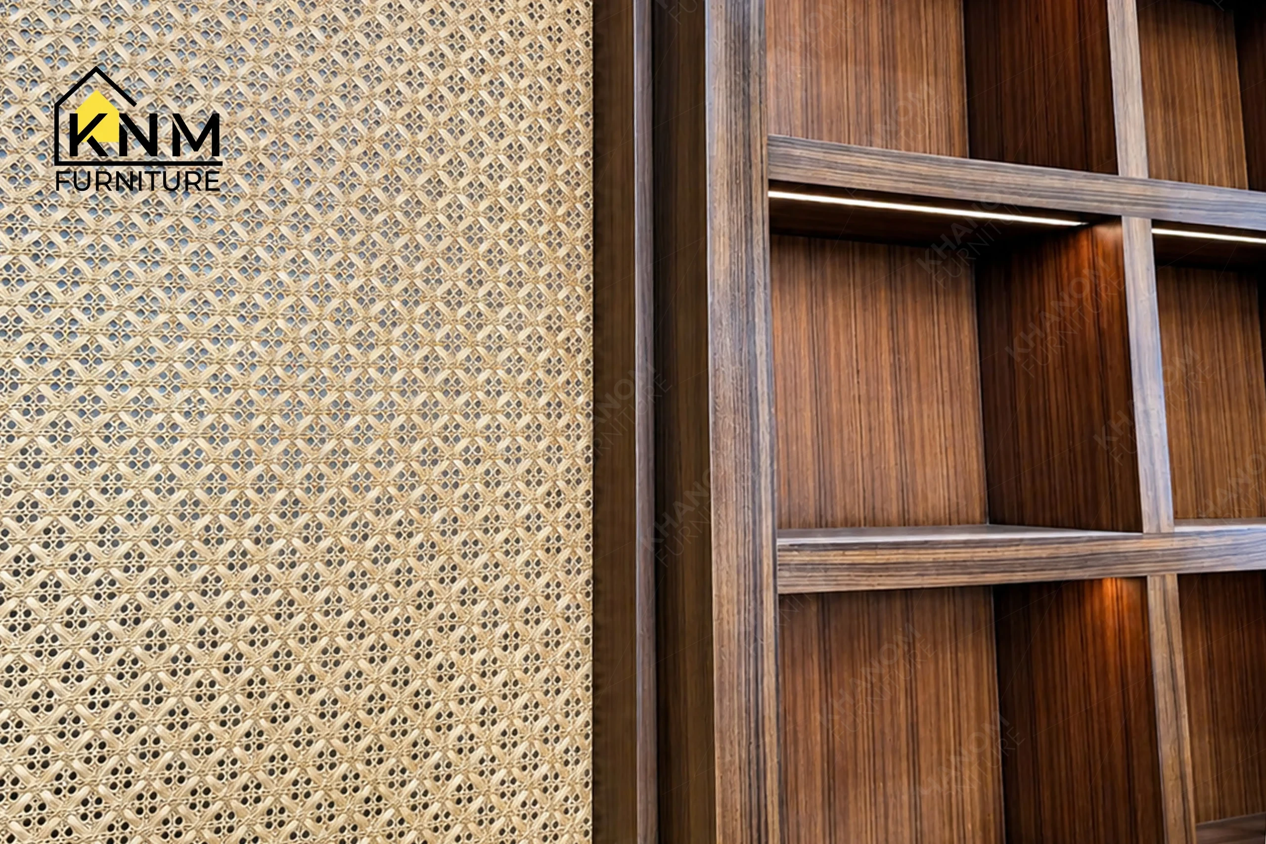 The surface texture detail of the teak veneer rattan display cabinet manufactured by Khanom Furniture reveals the protective finish on the fluted wood base.