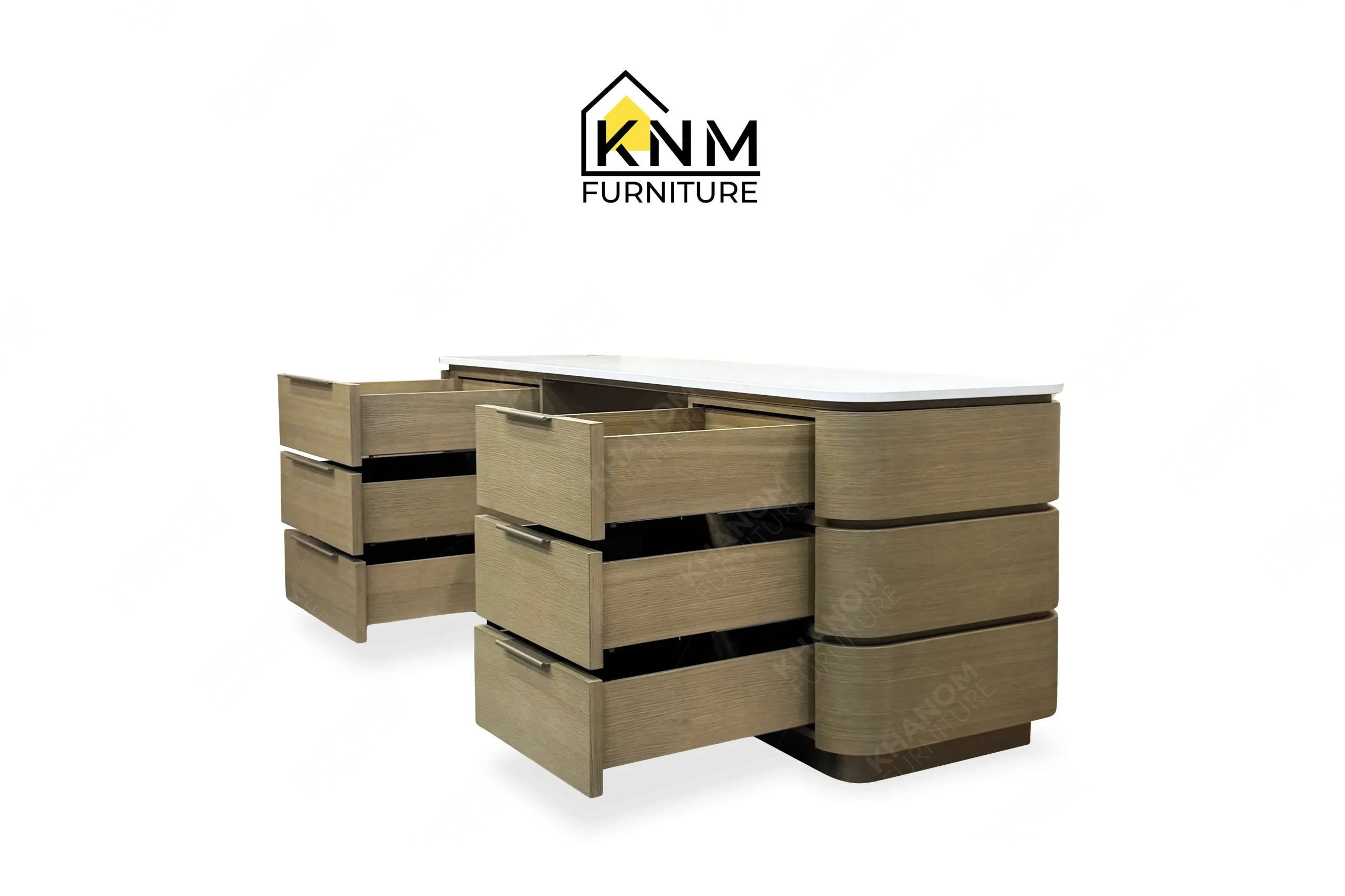 A right perspective open view illustrating the continuous quartz top and drawer alignment of the Vicostone top white oak console desk produced by Khanom Furniture.