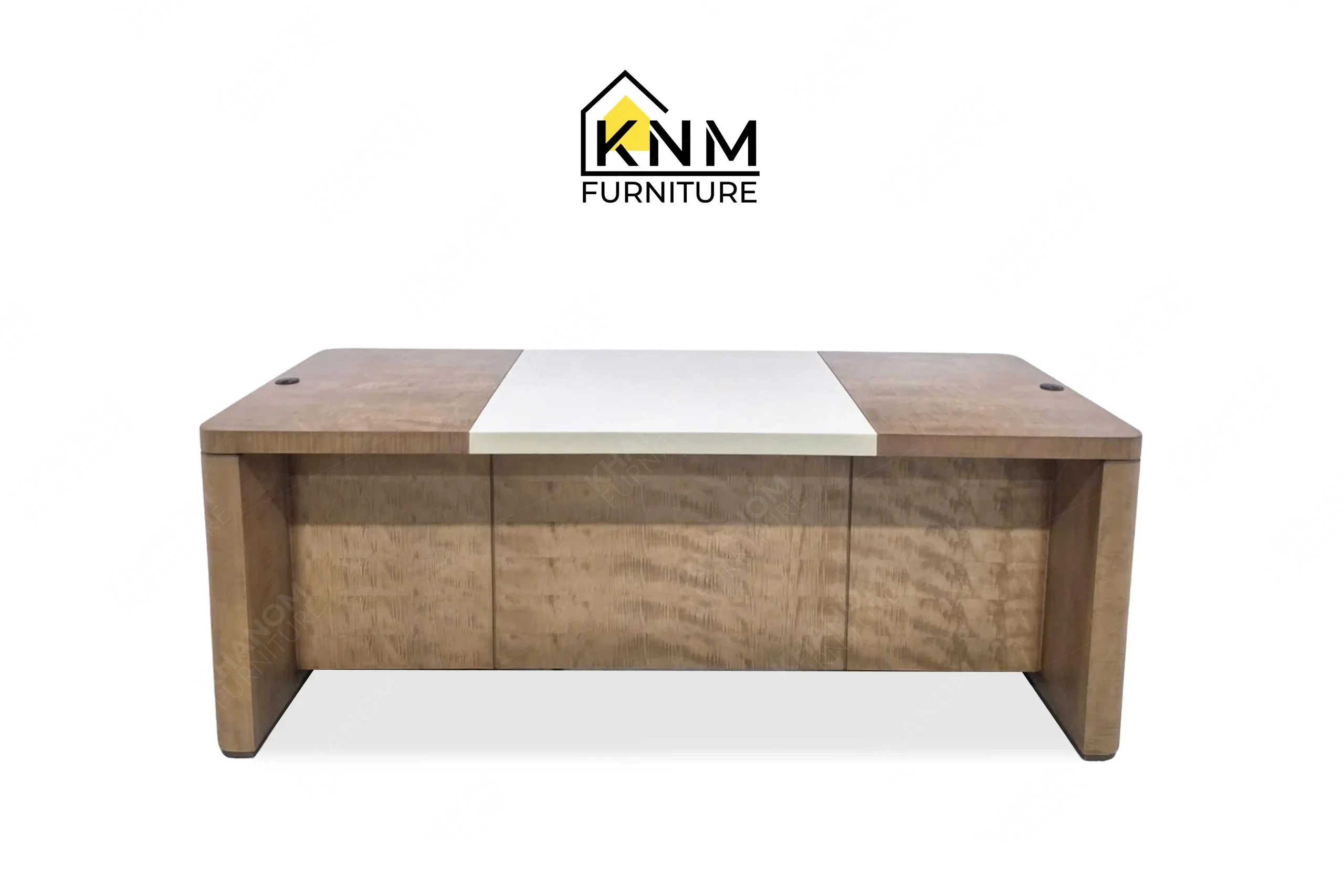 This rear operational view captures the concealed wire management system of the figured walnut lobby concierge desk engineered by Khanom Furniture.