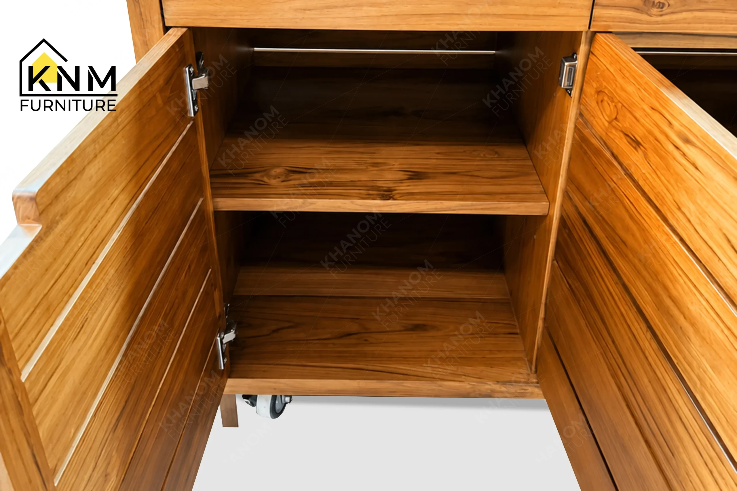 A technical detail of the mobile stone top service station from Khanom Furniture, describing the slatted drawer face construction.