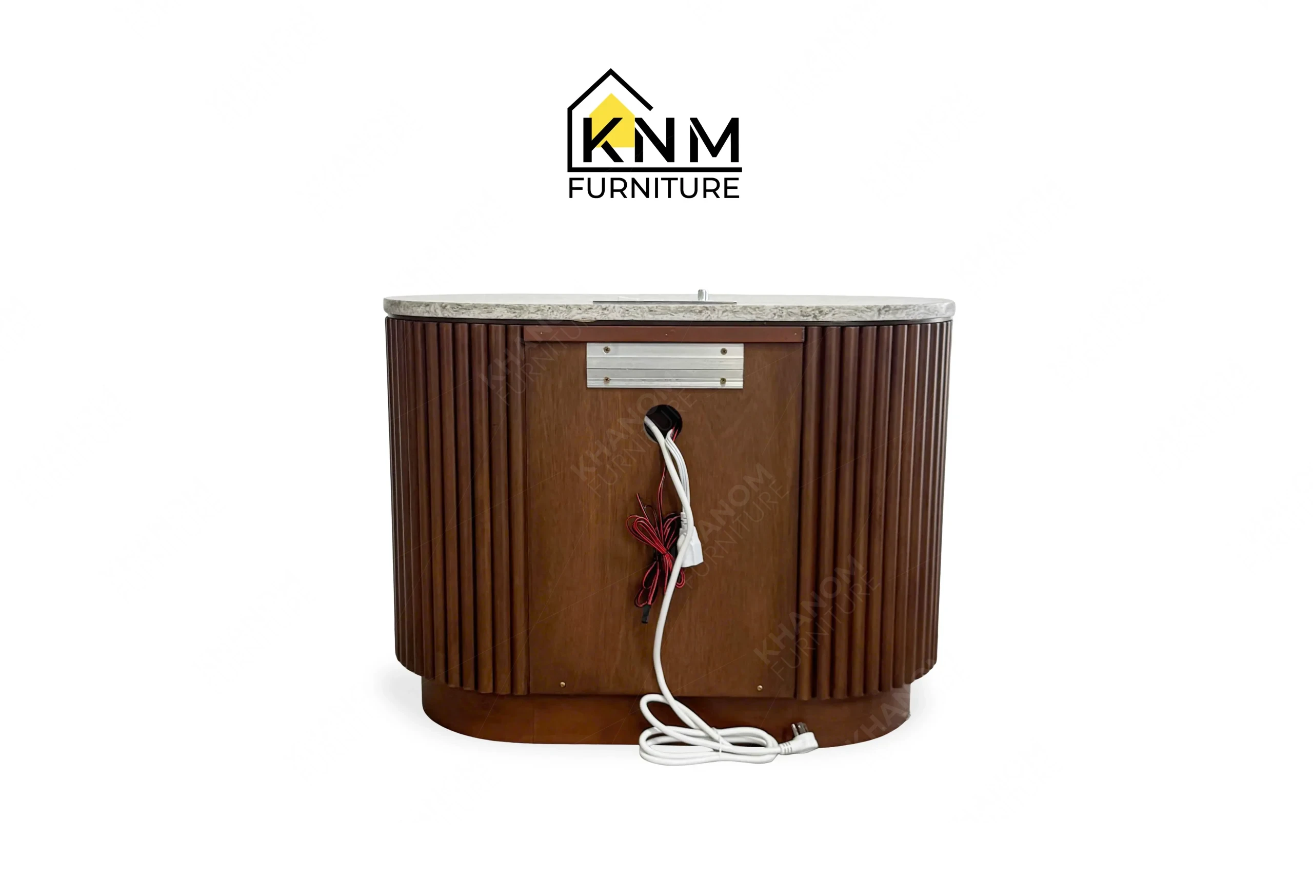This rear view captures the structural backing and hardware mounts of the quartz top tambour queen nightstand engineered by Khanom Furniture.