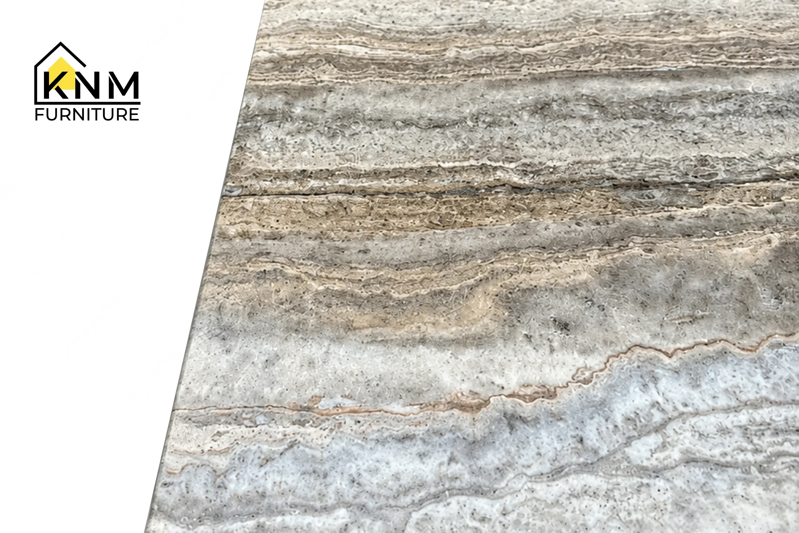 The surface texture detail of the stone top solid wood communal table manufactured by Khanom Furniture reveals the sealed natural stone finish.