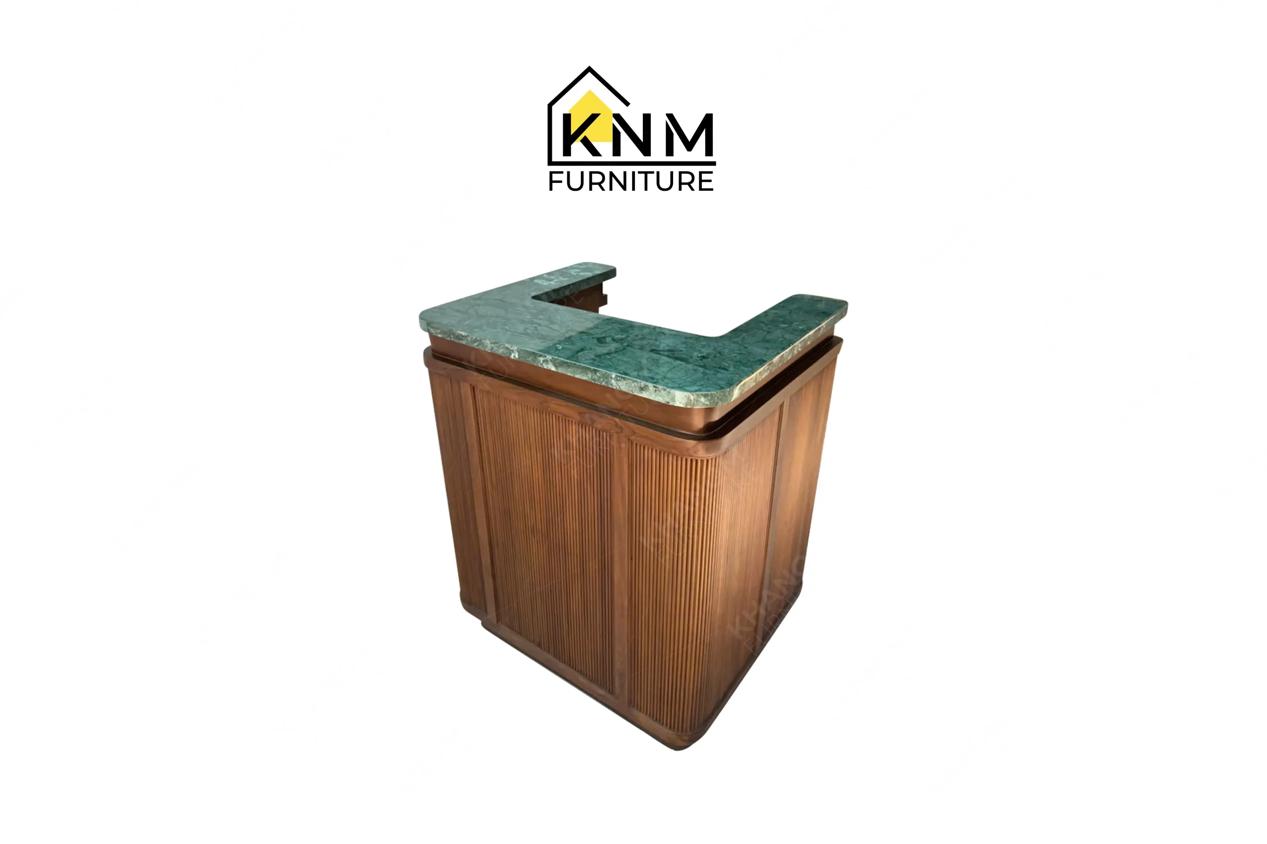 An alternative rear perspective of the stone top teak valet bell desk highlights the metal base and casters executed by Khanom Furniture.