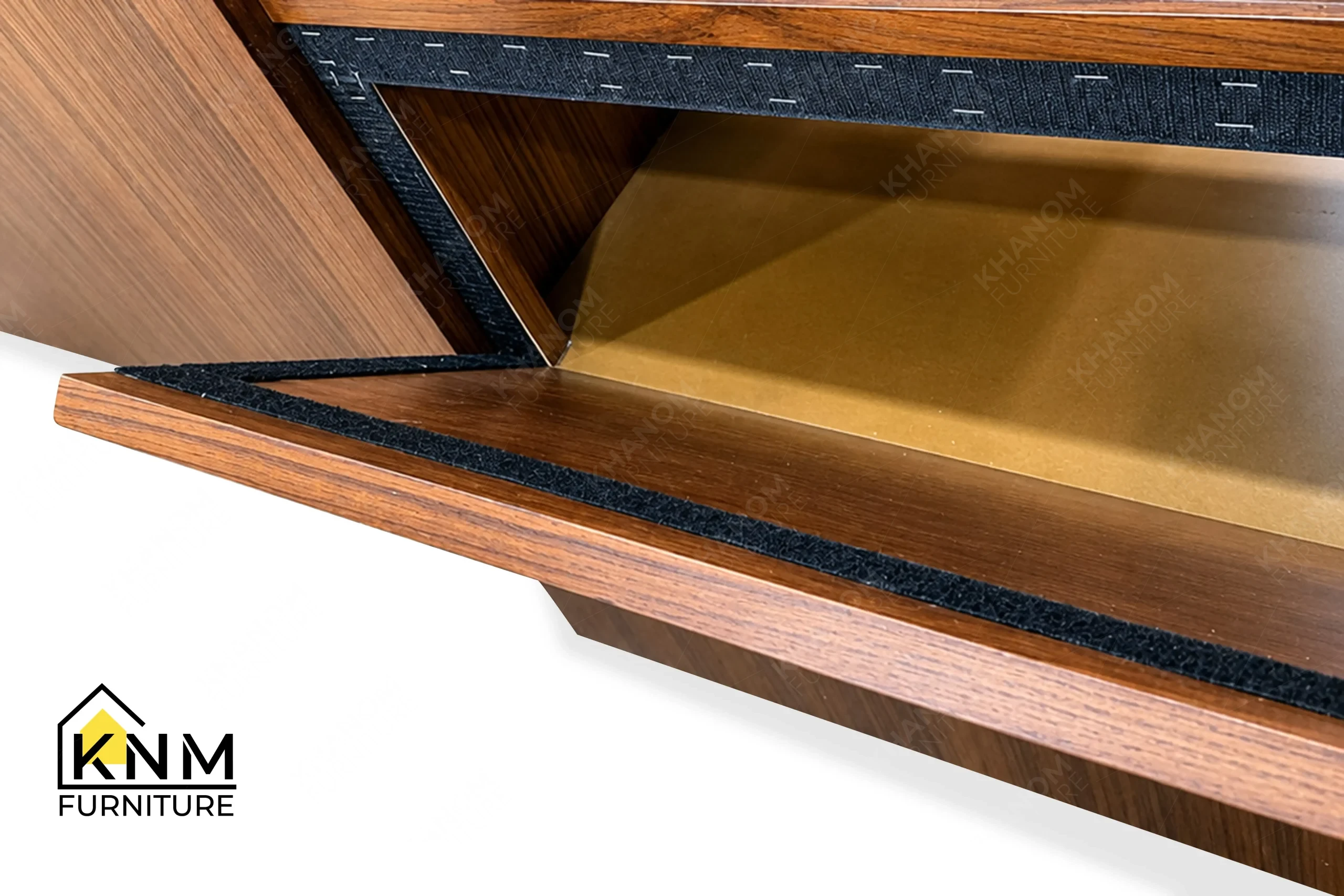 A detailed material zoom of the teak veneer rattan display cabinet by Khanom Furniture, showing the teak grain adjacent to the woven rattan texture.