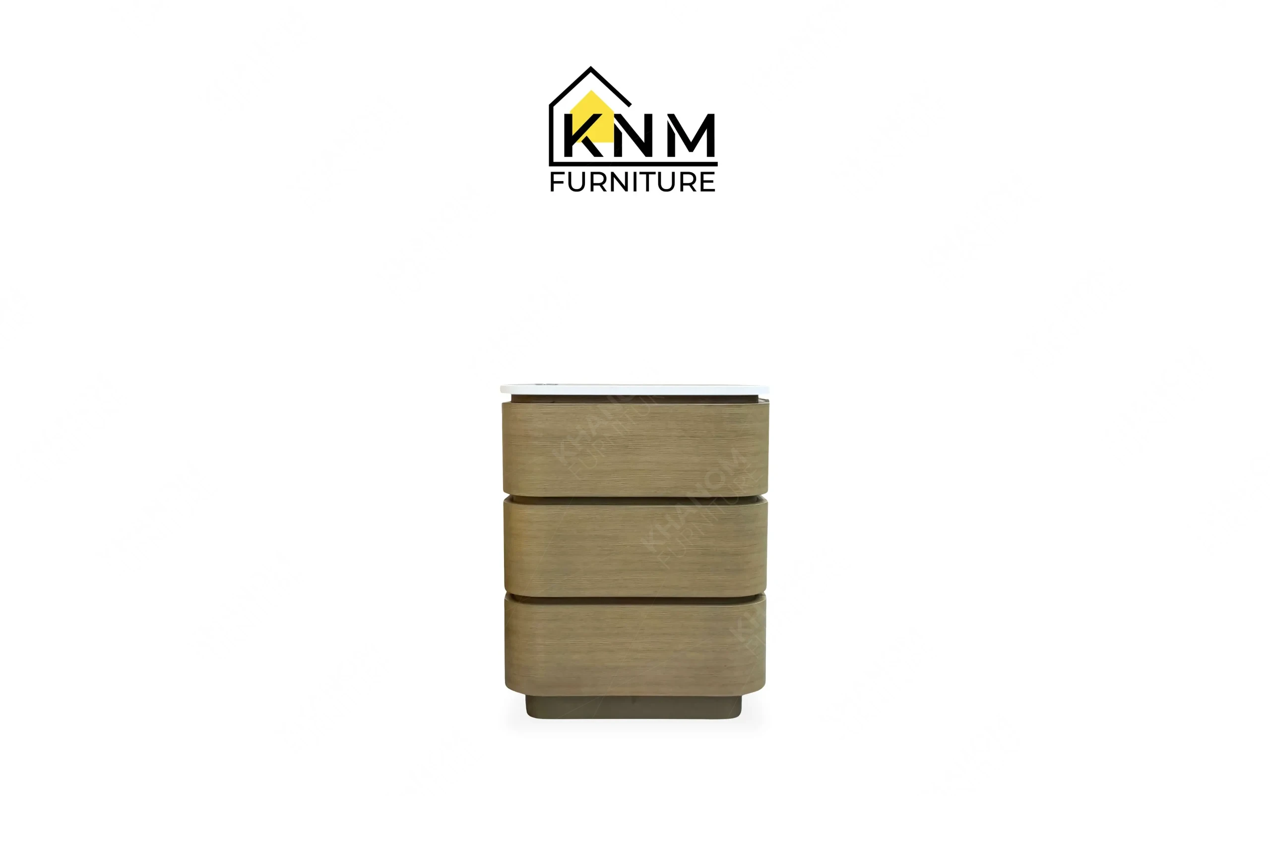 The side profile of the Vicostone top white oak console desk highlights the structural depth and square eased edge stone top specified by Khanom Furniture.