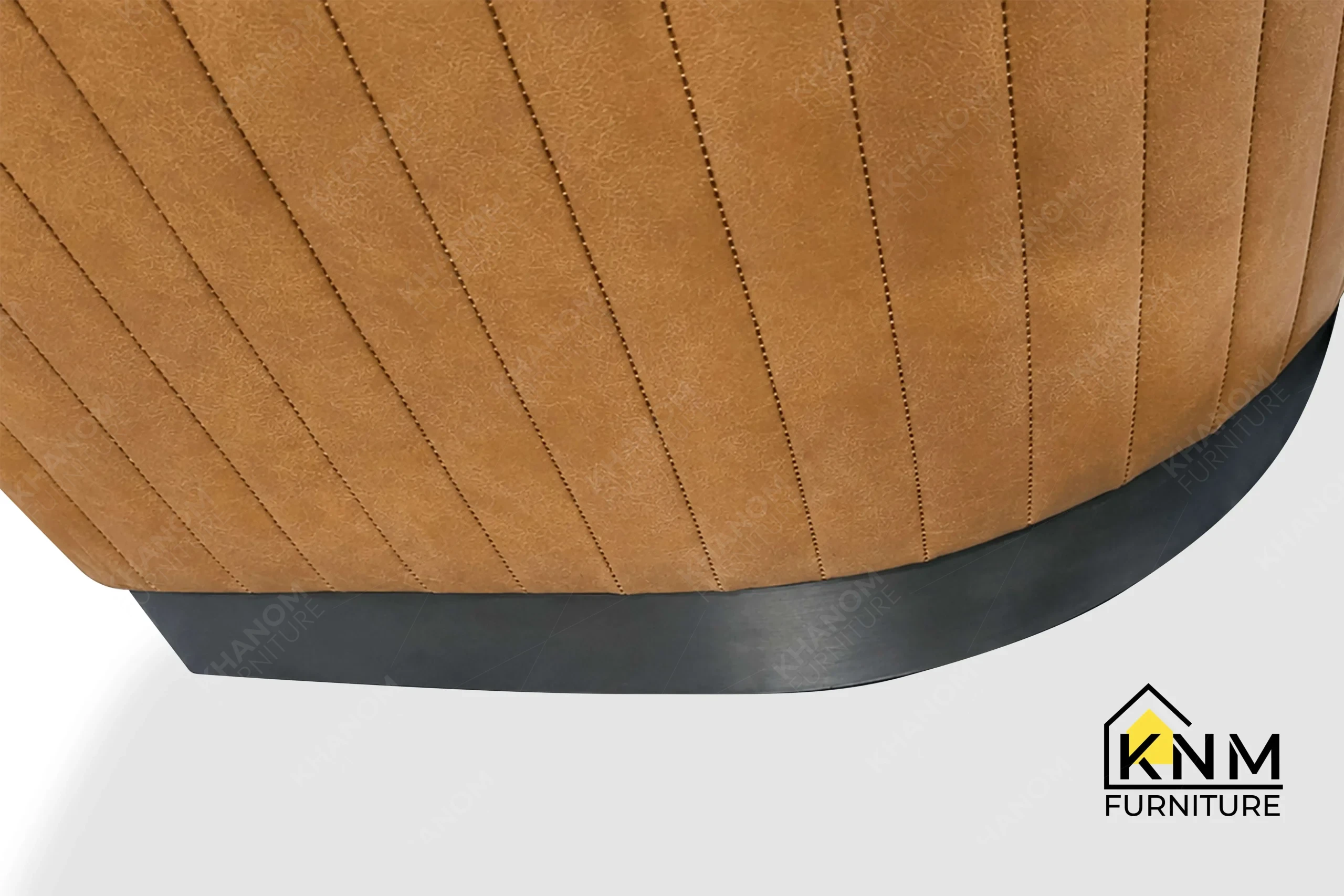 A technical detail of the Dark Storm plated dining chair from Khanom Furniture, describing the arched metal base and concealed Teflon glides.