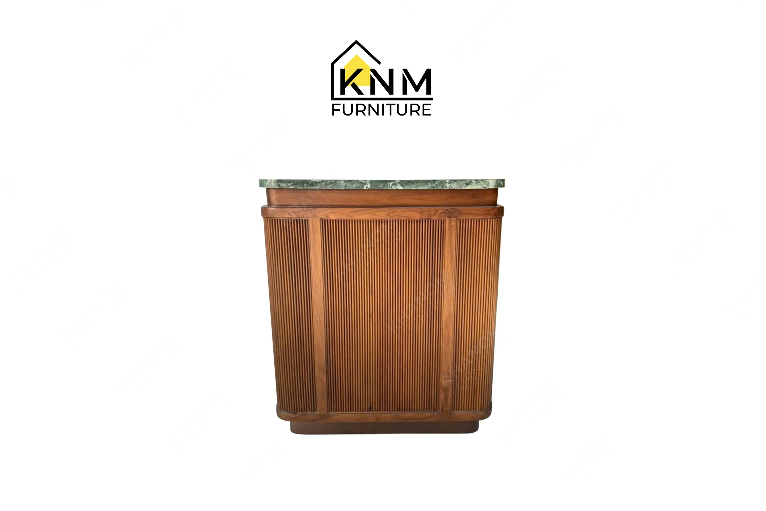 This rear view captures the structural backing of the stone top teak valet bell desk engineered by Khanom Furniture.