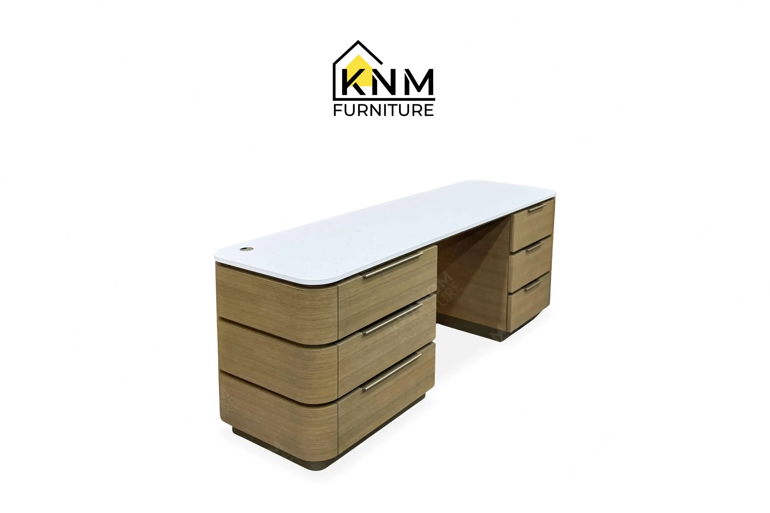 A left perspective view illustrating the continuous quartz top and drawer alignment of the Vicostone top white oak console desk produced by Khanom Furniture.