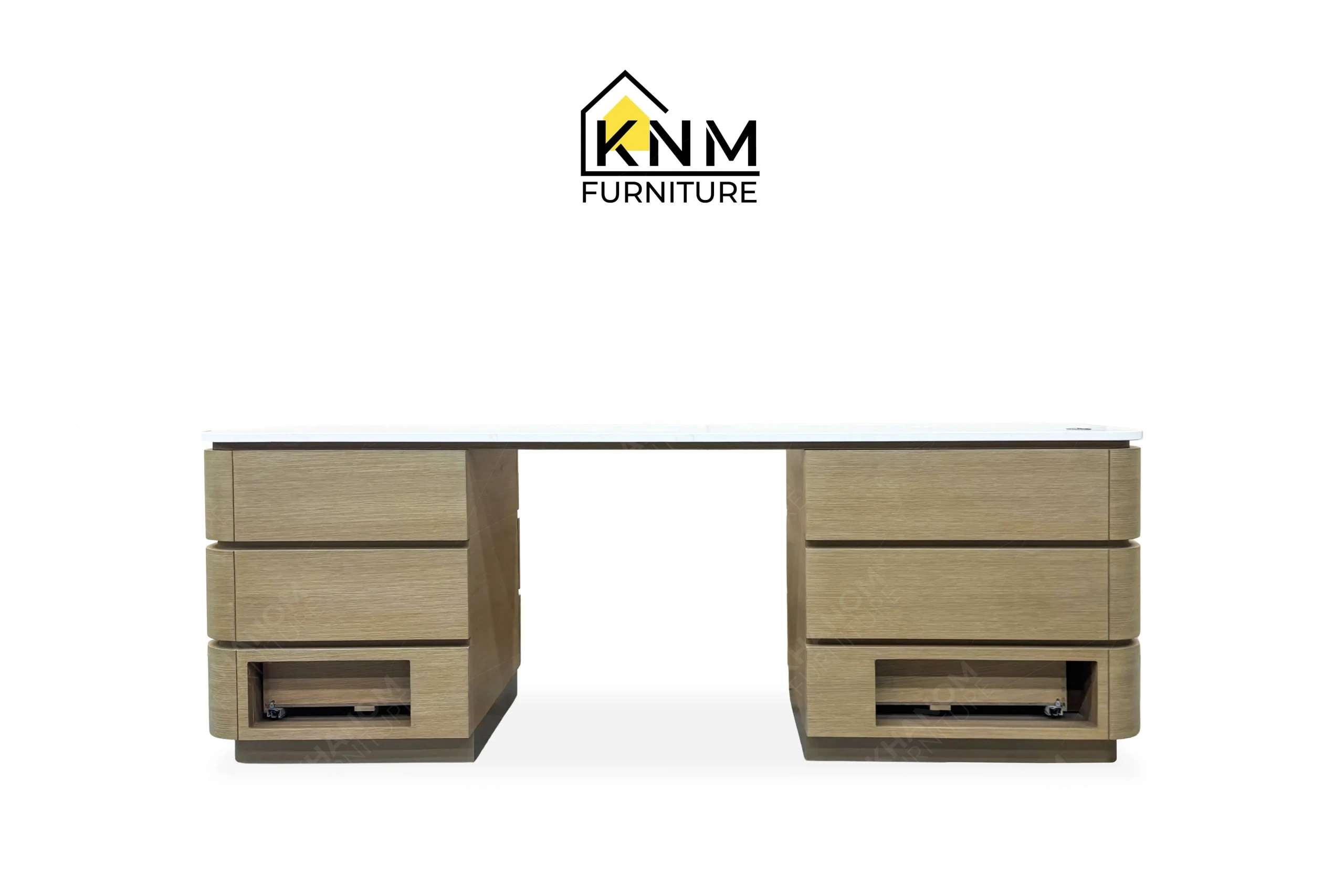 This rear view captures the structural backing and wire management routing on the Vicostone top white oak console desk engineered by Khanom Furniture.