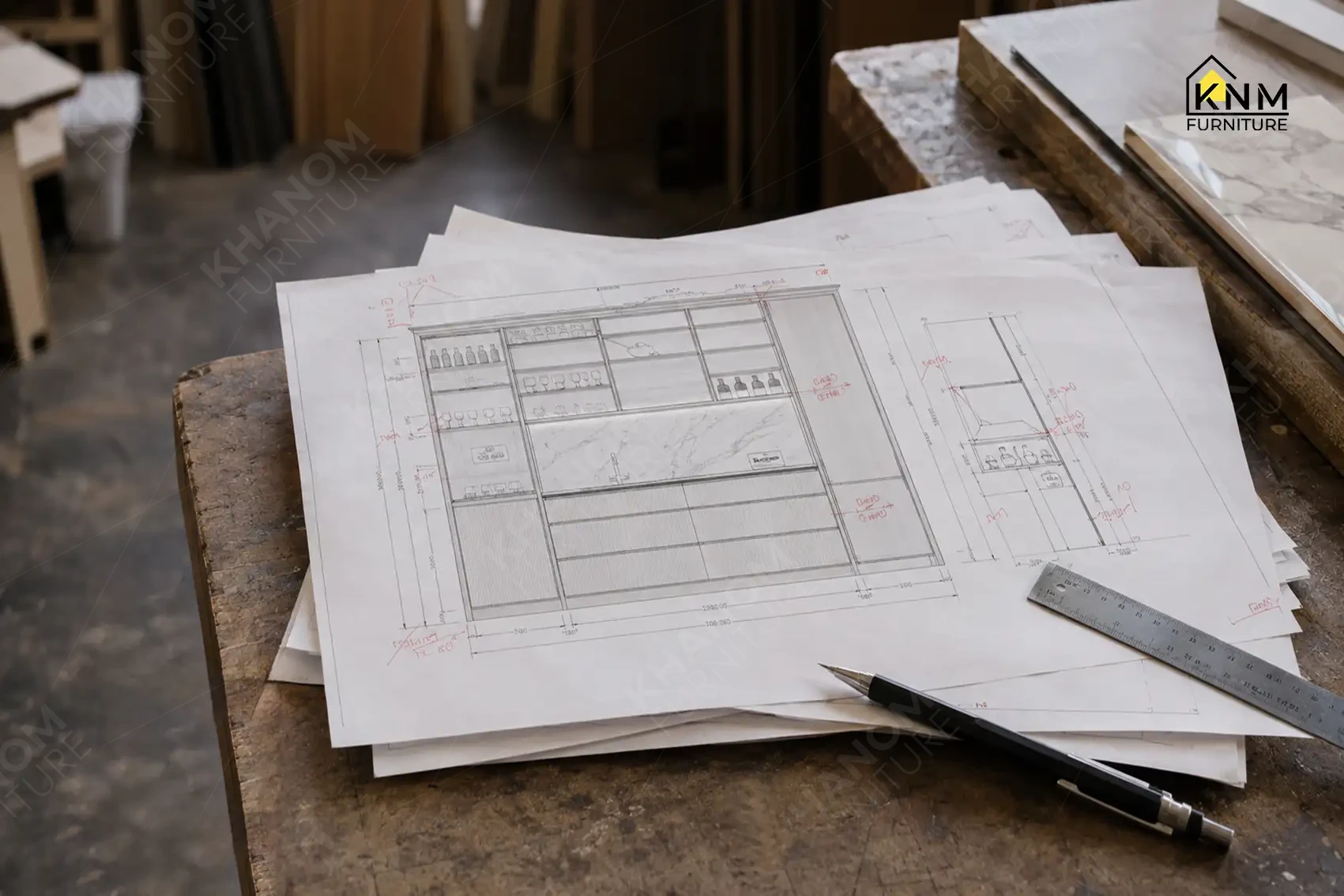 Technical architectural drawings and elevations of a mini bar cabinet on a worktable at Khanom Furniture (KNM Furniture), a custom furniture factory Vietnam.