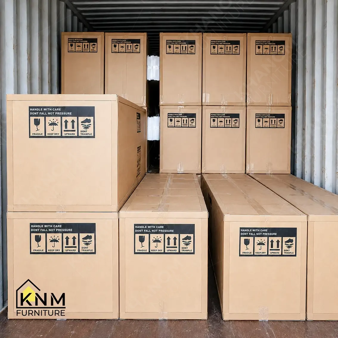Hospitality furniture cartons stacked in multiple tiers inside 40HQ container — systematic loading sequence for FF&E export, KNM Furniture Vietnam
