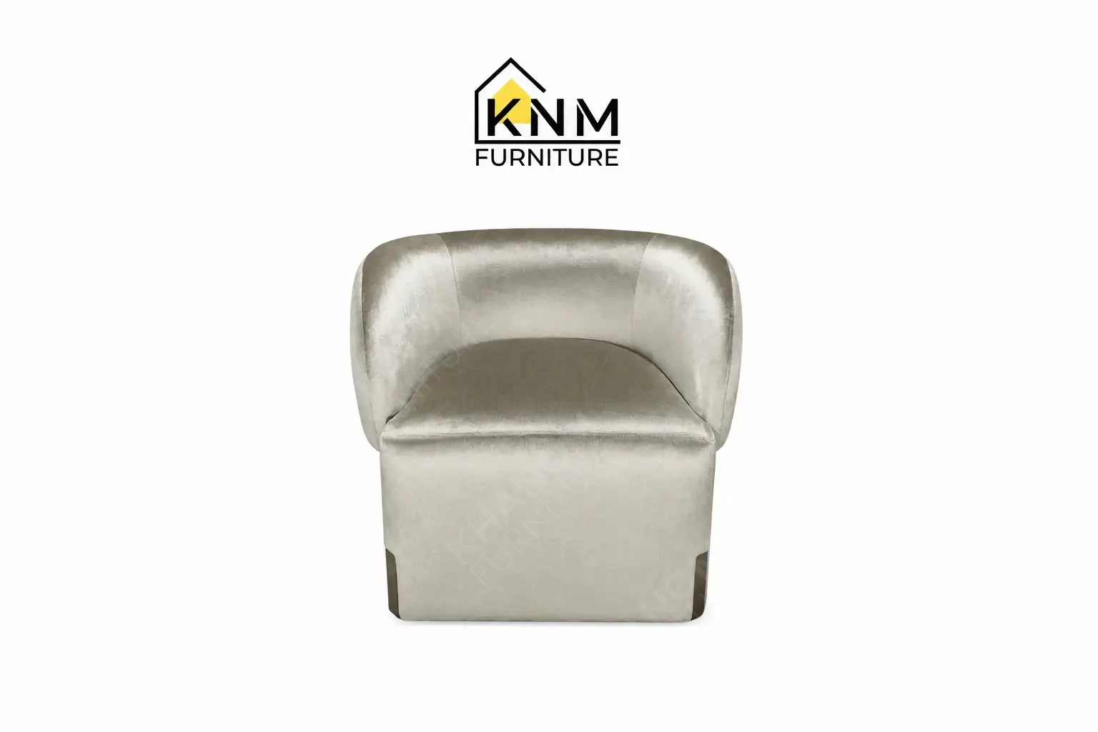 This front view displays the Dedar fabric upholstered lounge chair manufactured by Khanom Furniture, highlighting the seamless fabric application and metallic base corners.