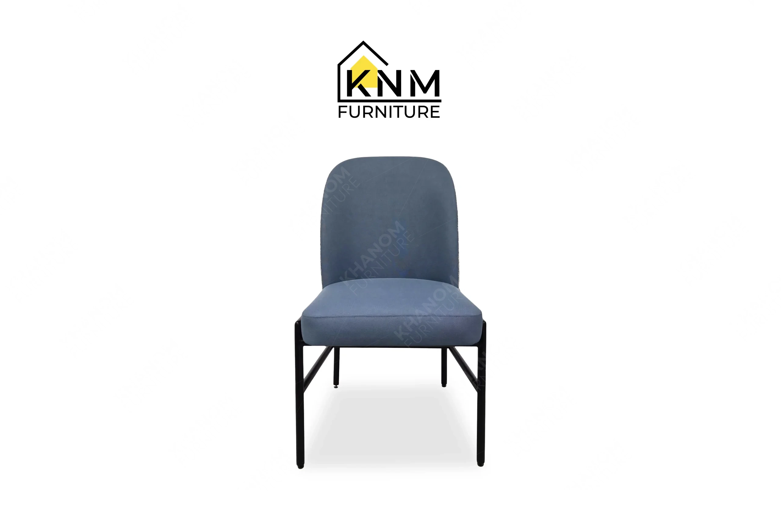 This front view displays the double walled aluminum upholstered dining chair manufactured by Khanom Furniture, highlighting the Concertex fabric and matte black frame.