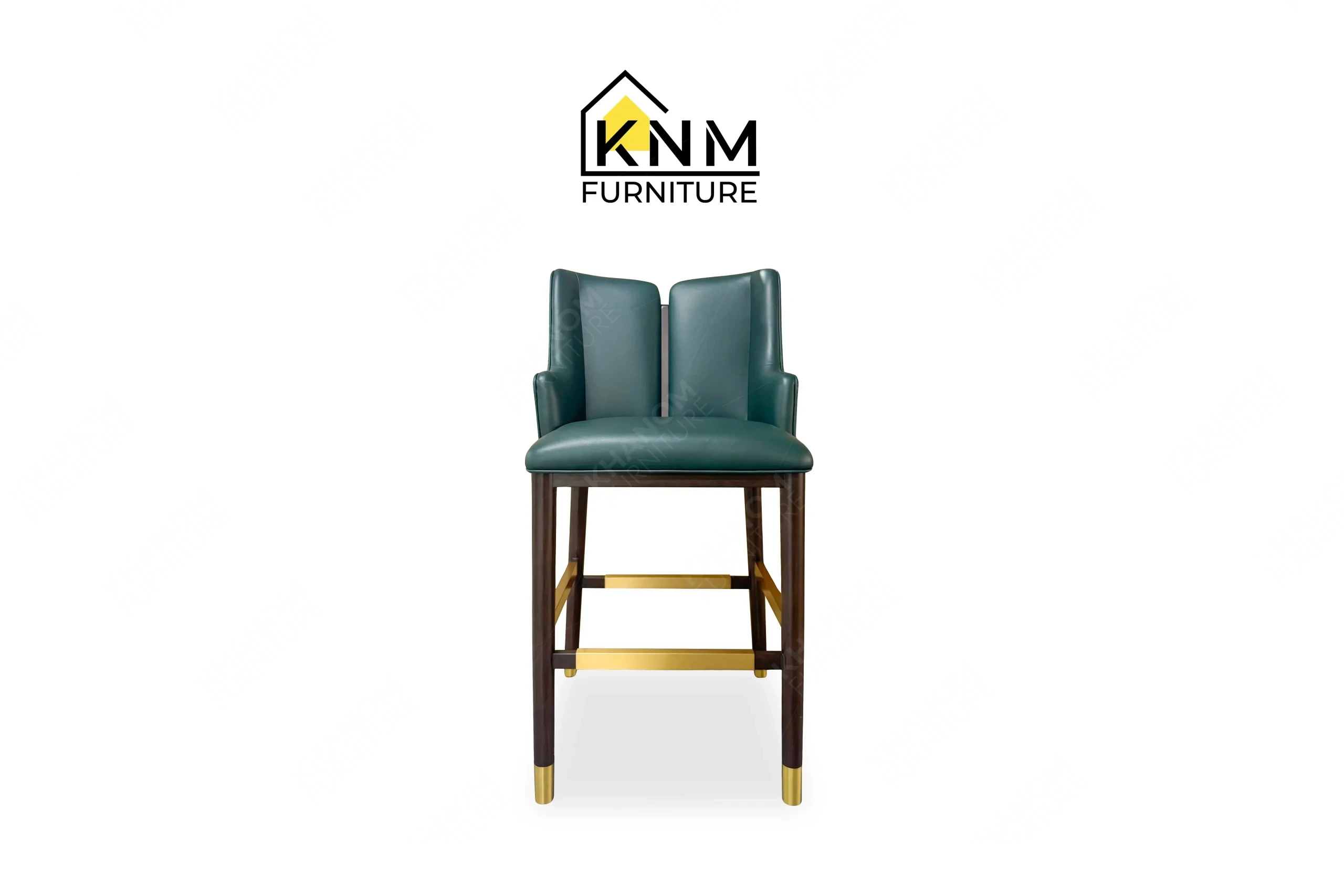 This front view displays the Forest Green leather split back barstool manufactured by Khanom Furniture, highlighting the Antique Brass footrest and tight seat.