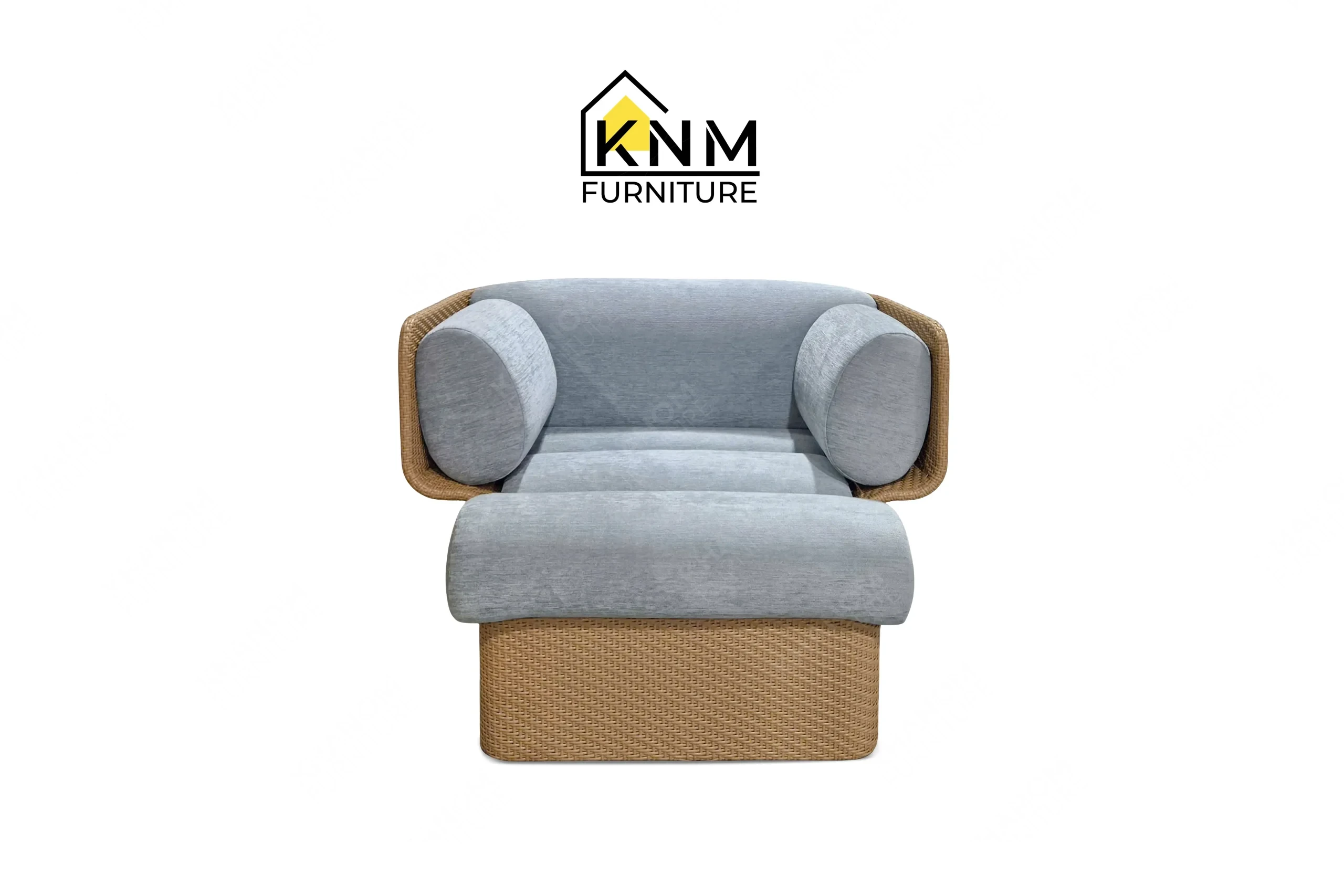 This front view displays the herringbone synthetic caning lounge chair manufactured by Khanom Furniture, highlighting the Pollack fabric and textured shell.
