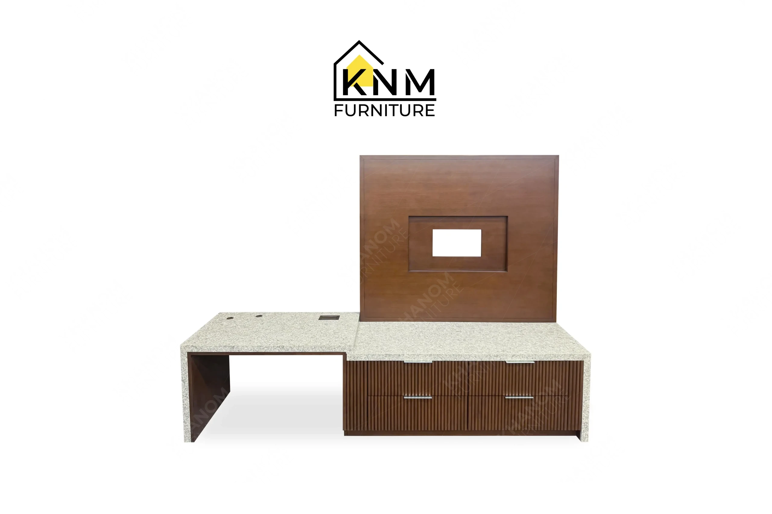 This front view displays the integrated quartz top tambour media desk manufactured by Khanom Furniture, highlighting the ribbed wood base and continuous stone surface.