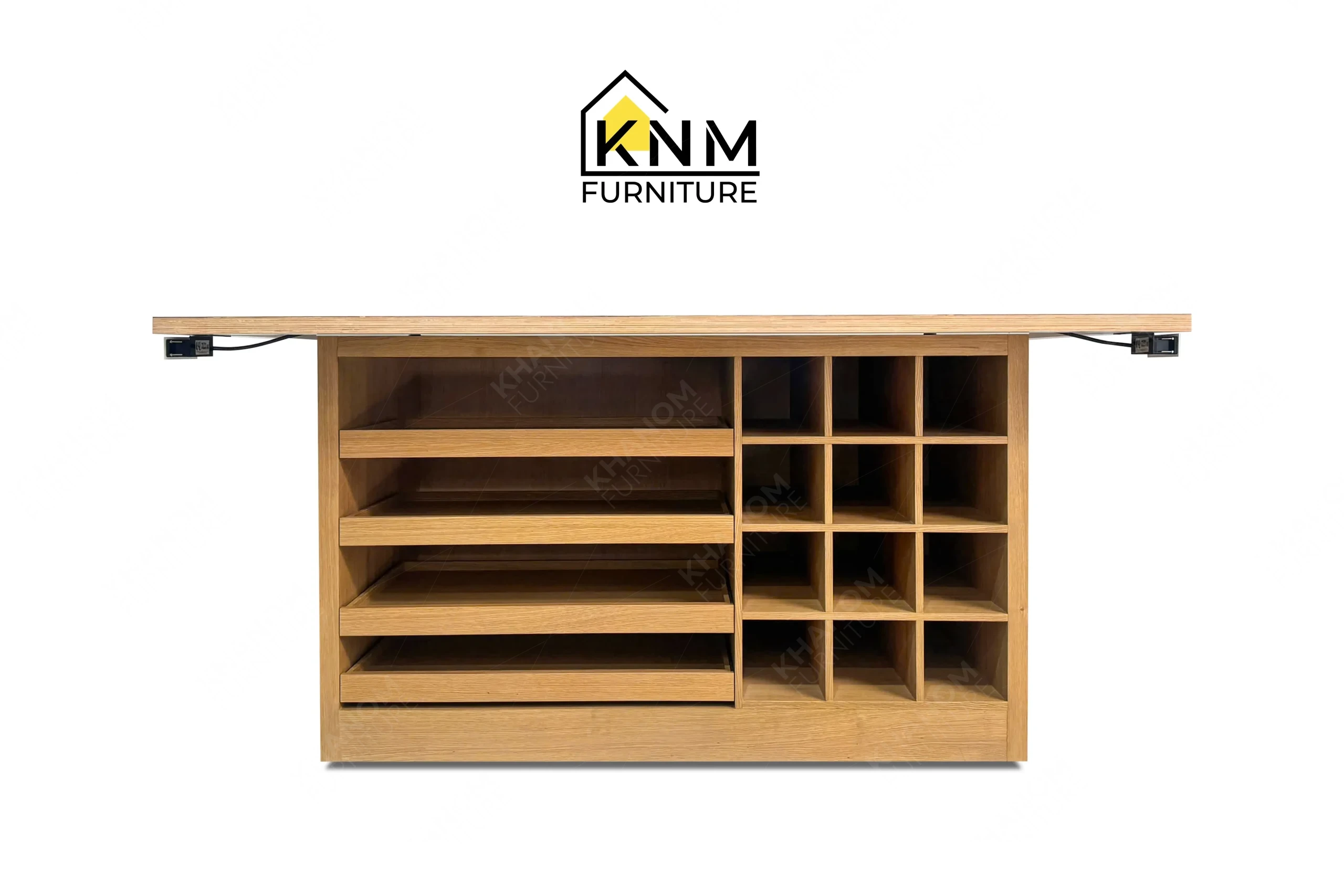 This front view displays the laminate top oak veneer work table manufactured by Khanom Furniture, highlighting the open cubbies and expansive work surface.