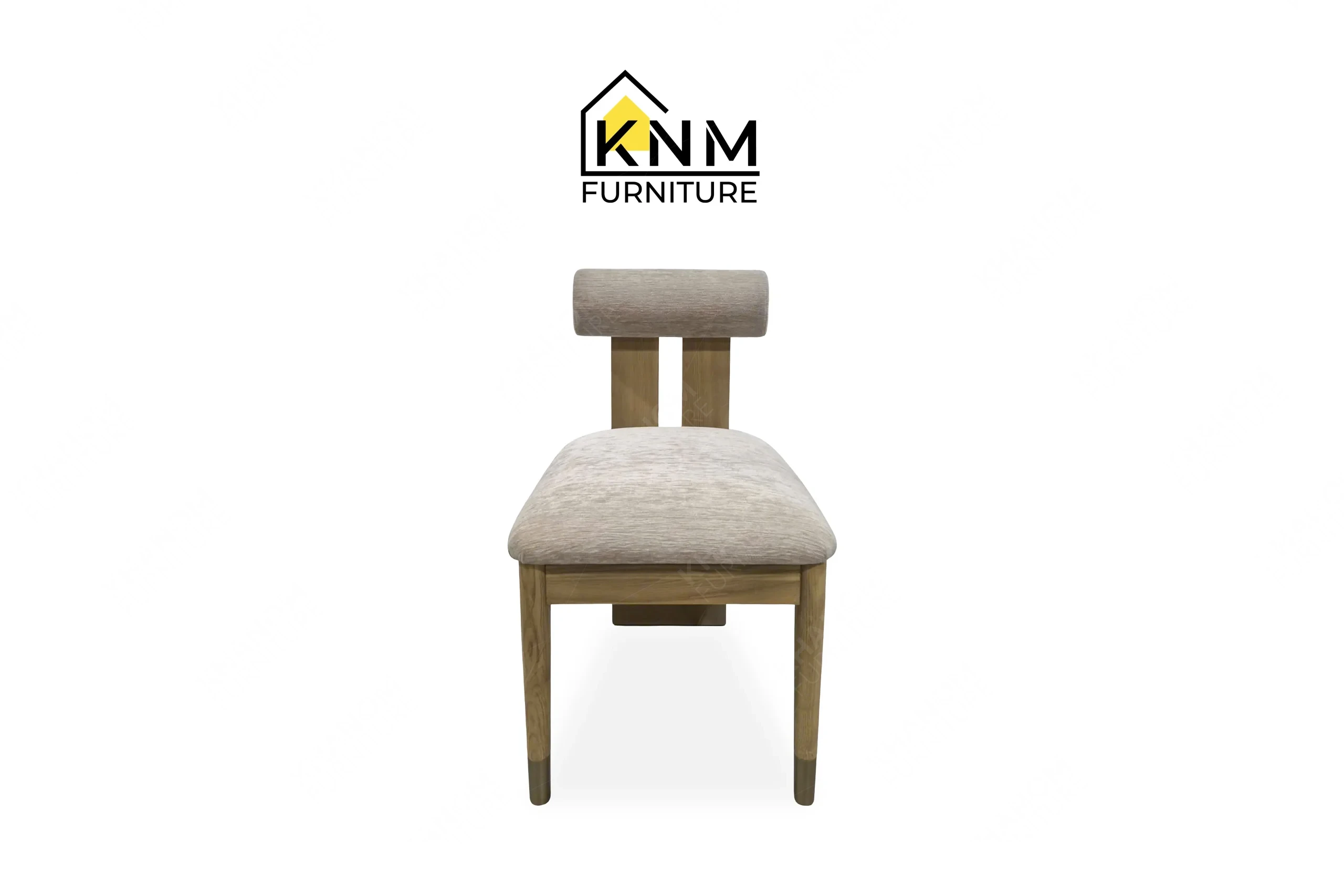 This front view displays the metal sabot ash wood desk chair manufactured by Khanom Furniture, highlighting the Pollack fabric and Platinum Nickel foot caps.