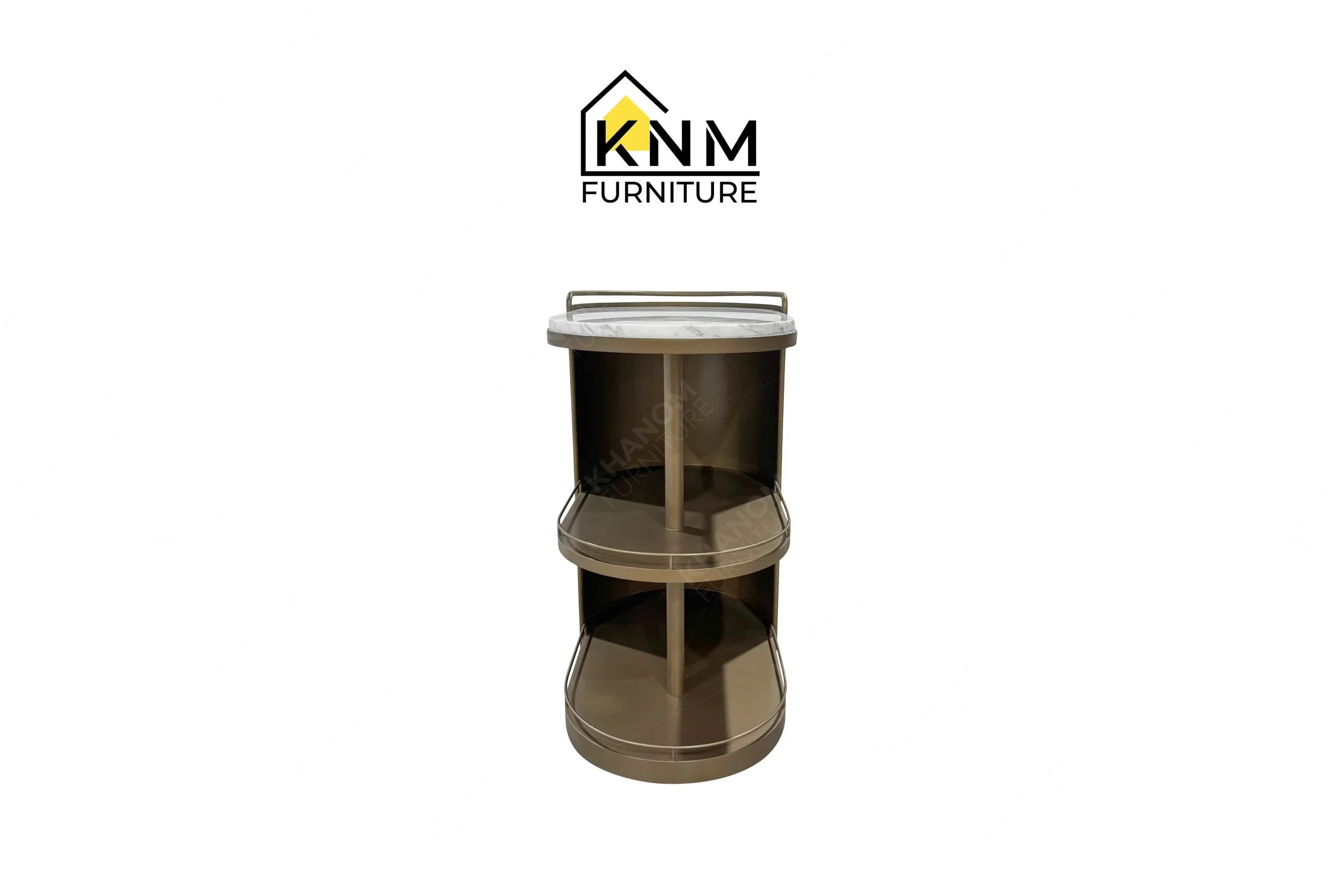 This front view displays the Platinum Nickel Calcatta stone bar cart manufactured by Khanom Furniture, highlighting the multi-tier shelving and protective guardrails.