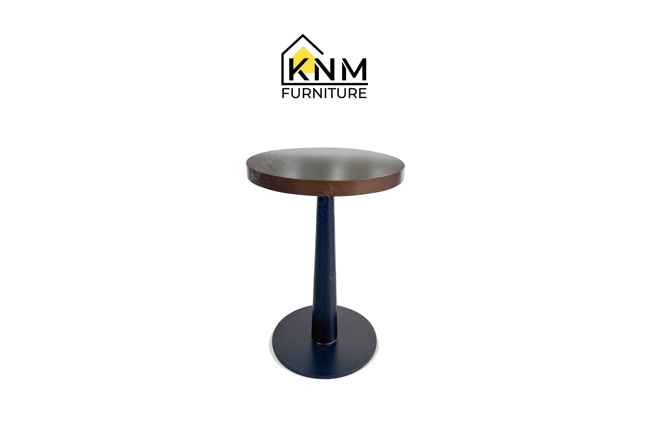 This front view displays the Prismatic powdercoat metal bar table manufactured by Khanom Furniture, highlighting the conical matte black base and hammered top.
