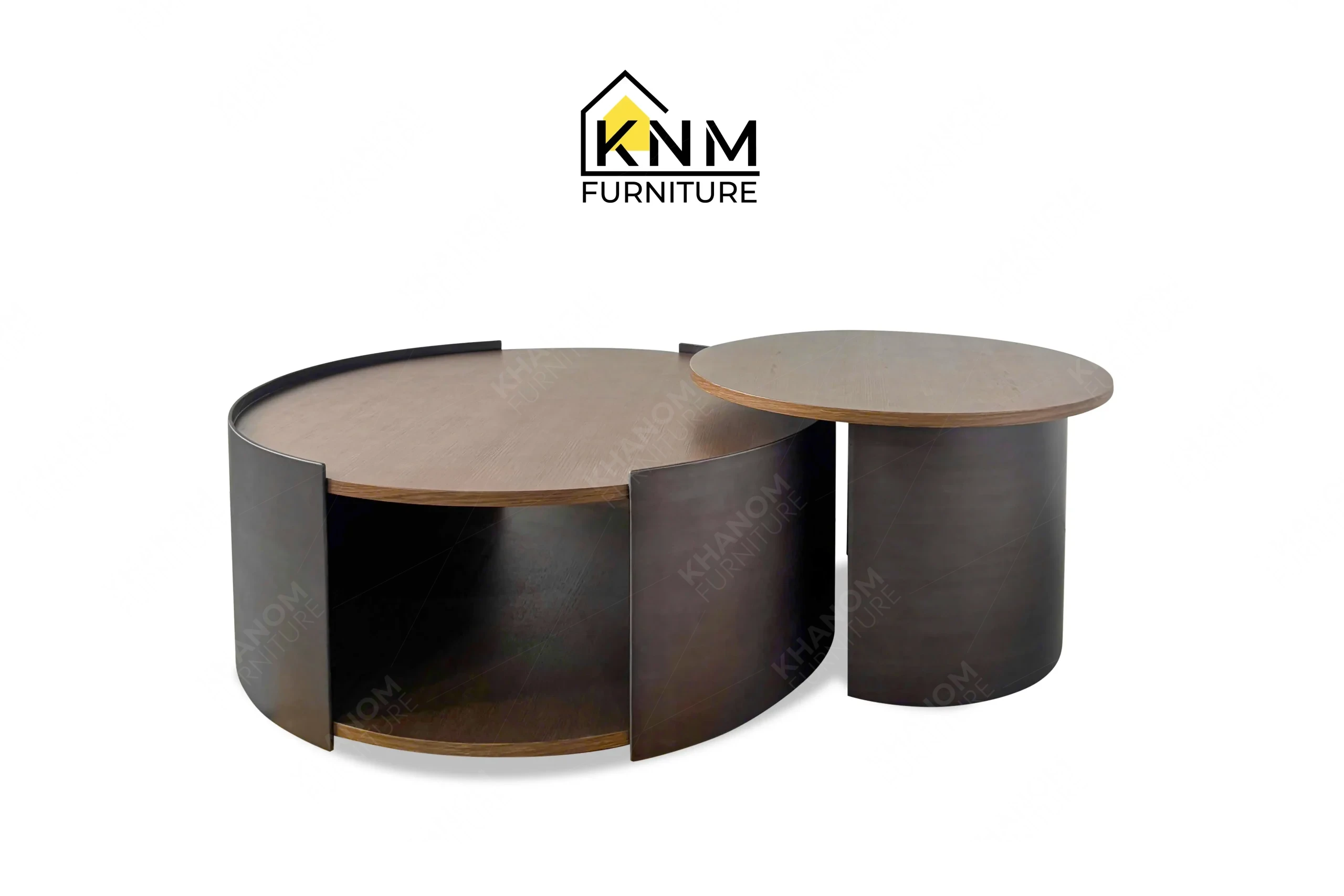 This front view displays the quarter cut oak nesting coffee table manufactured by Khanom Furniture, highlighting the Black Onyx metal wrap and wooden tops.