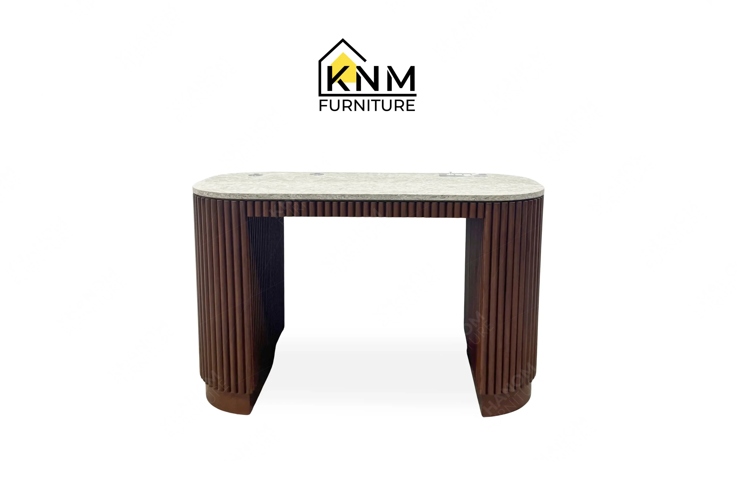 This front view displays the quartz top tambour king bed desk manufactured by Khanom Furniture, highlighting the ribbed wood pedestals and continuous stone top.