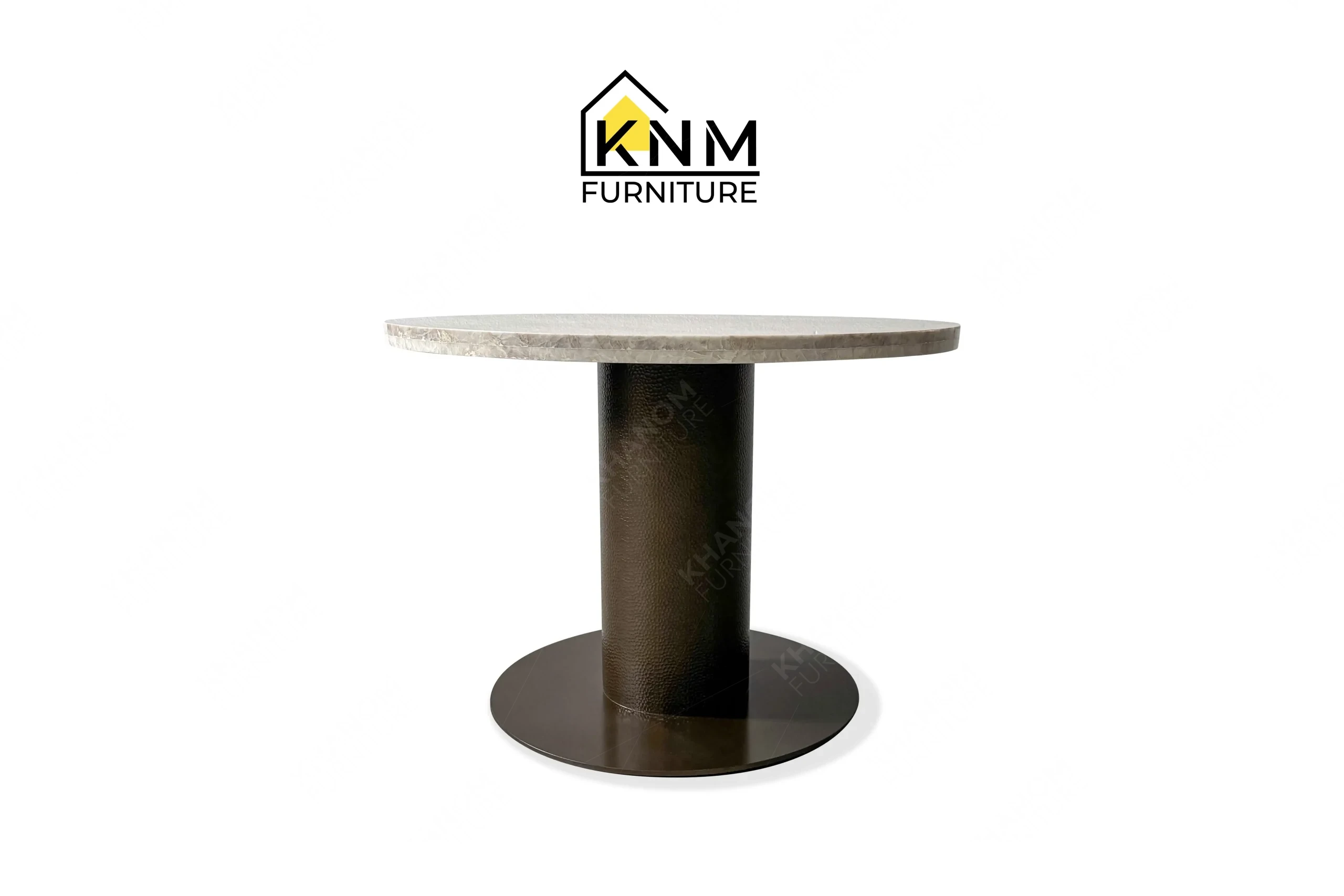 This front view displays the round stone top metal dining table manufactured by Khanom Furniture, highlighting the Hammered Bronze column and circular stone surface.