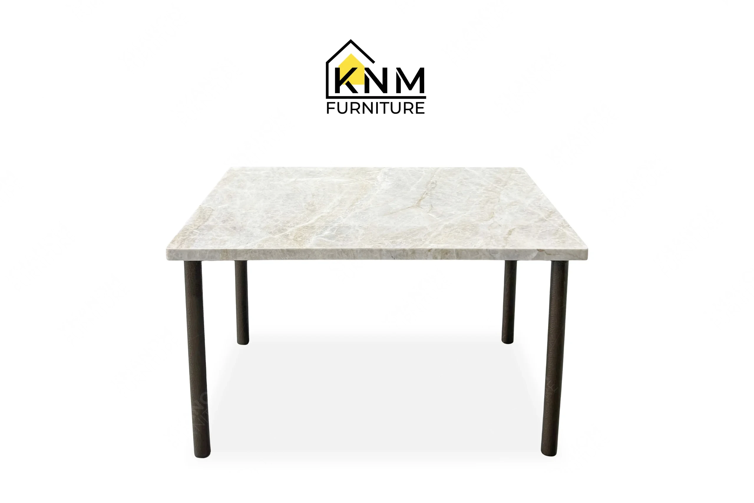 A perspective view illustrating the inset metal legs and rectangular stone top of the 4-top stone rectangular dining table produced by Khanom Furniture.