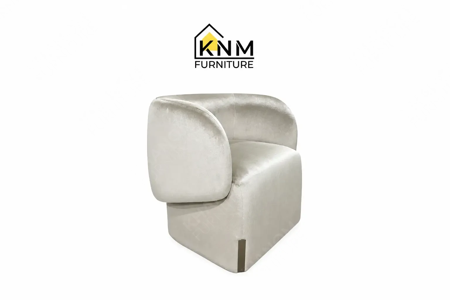 A perspective view illustrating the curved backrest and tight seat of the Dedar fabric upholstered lounge chair produced by Khanom Furniture.