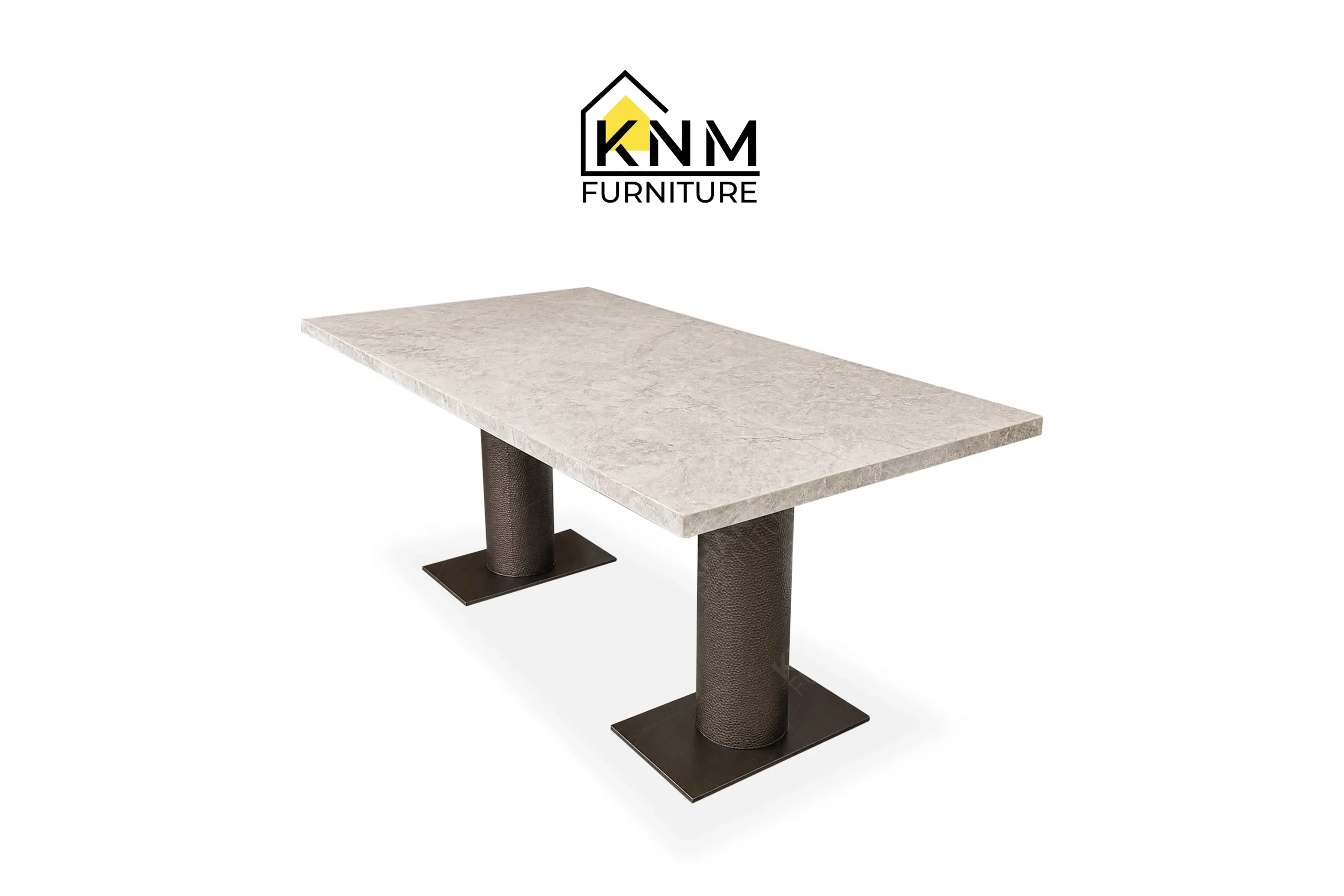 A perspective view illustrating the dual pedestals and rectangular stone top of the double pedestal stone dining table produced by Khanom Furniture.
